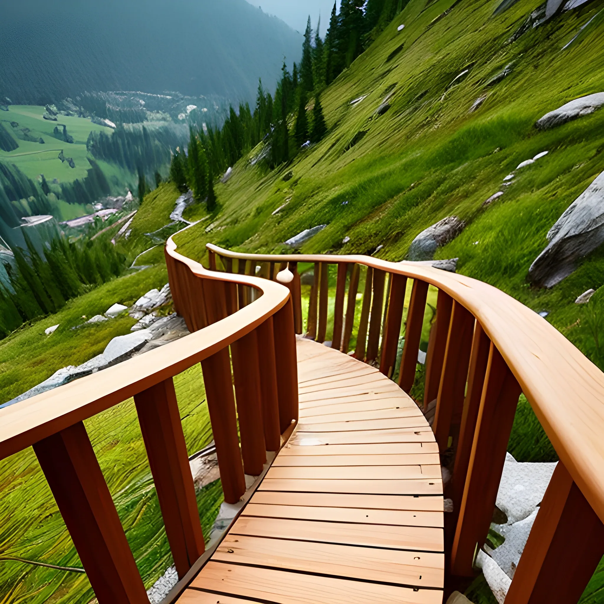 Generate a wooden radial path up the mountain, wooden handrails, extending upward, Cartoon