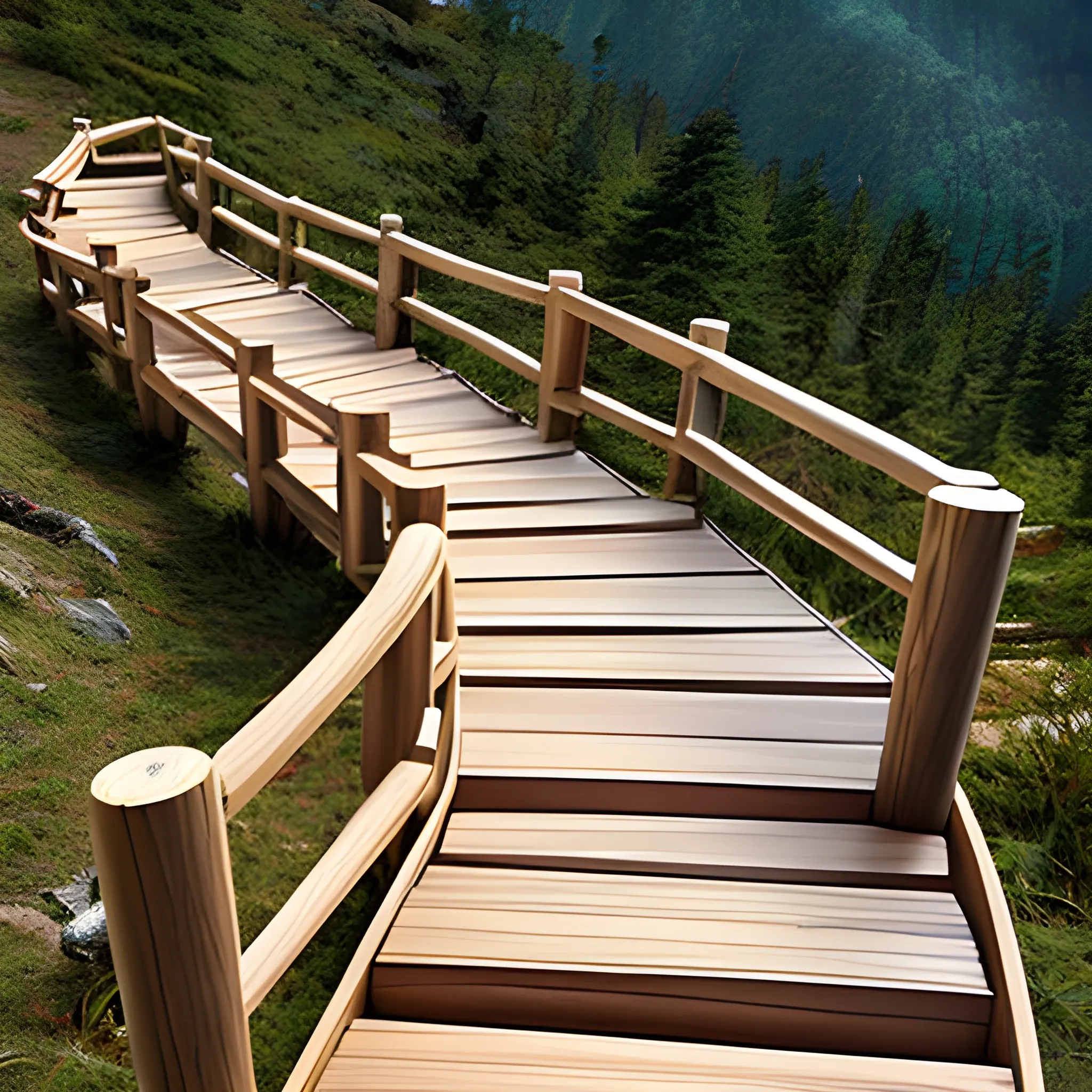 Generate a wooden radial path up the mountain, wooden handrails, extending upward, Cartoon