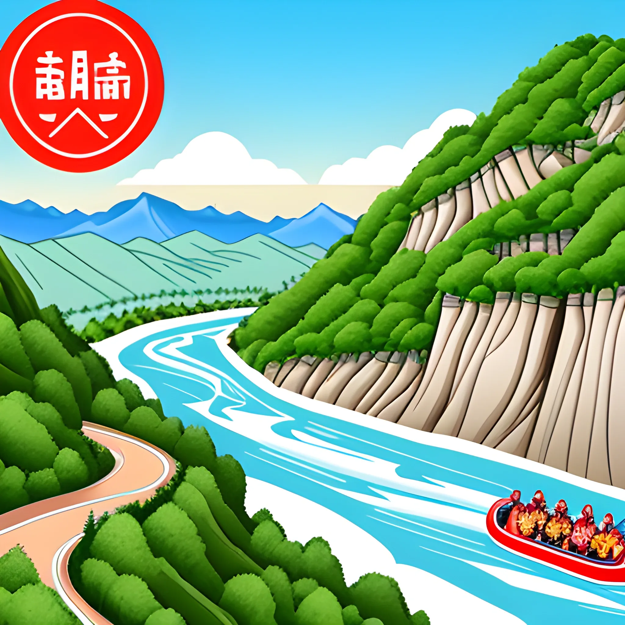 
Generate a cartoon-style picture of the Fanjing Mountain scenic spot at the rafting road, Cartoon