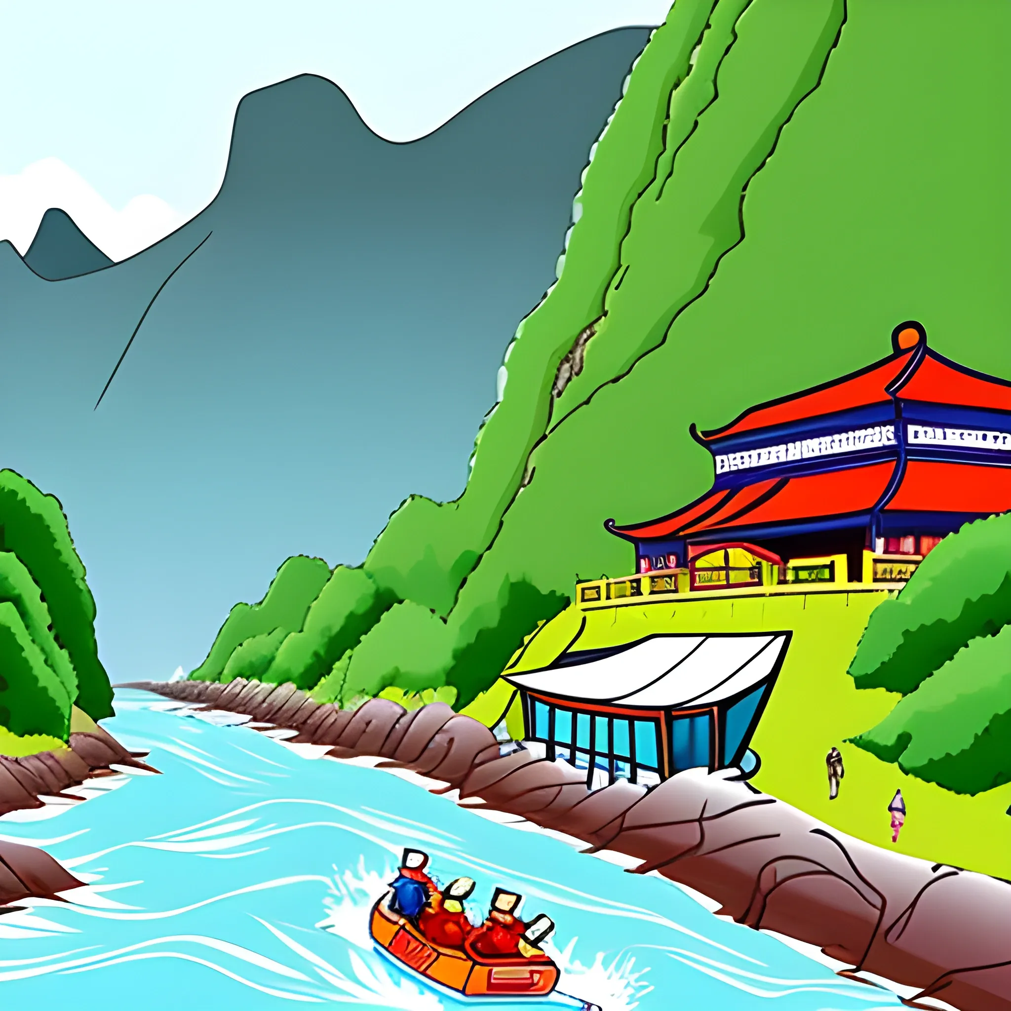 
Generate a cartoon-style picture of the Fanjing Mountain scenic spot at the rafting road, Cartoon