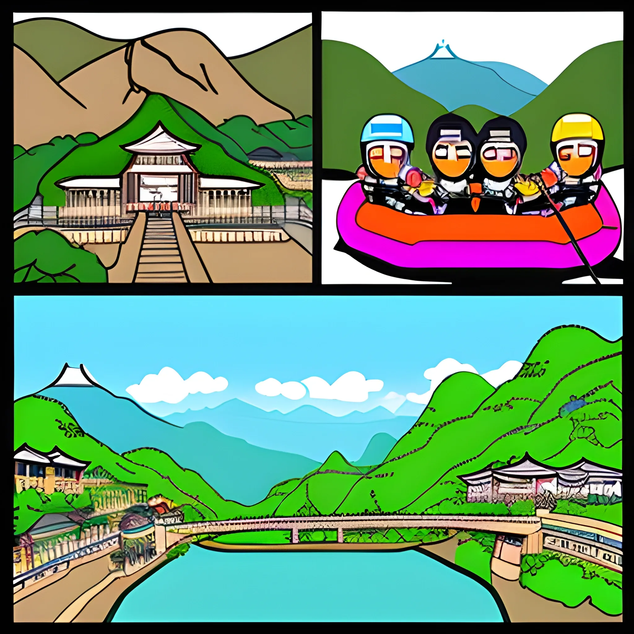 
Generate a cartoon-style picture of the Fanjing Mountain scenic spot at the rafting road, Cartoon