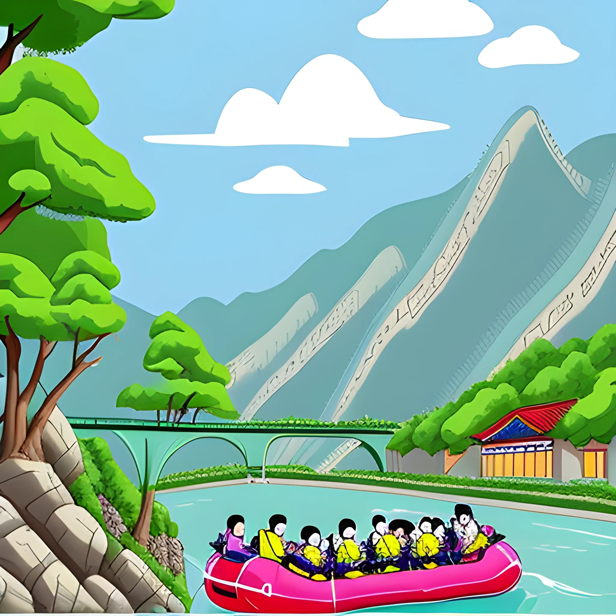 
Generate a cartoon-style picture of the Fanjing Mountain scenic spot at the rafting road, Cartoon