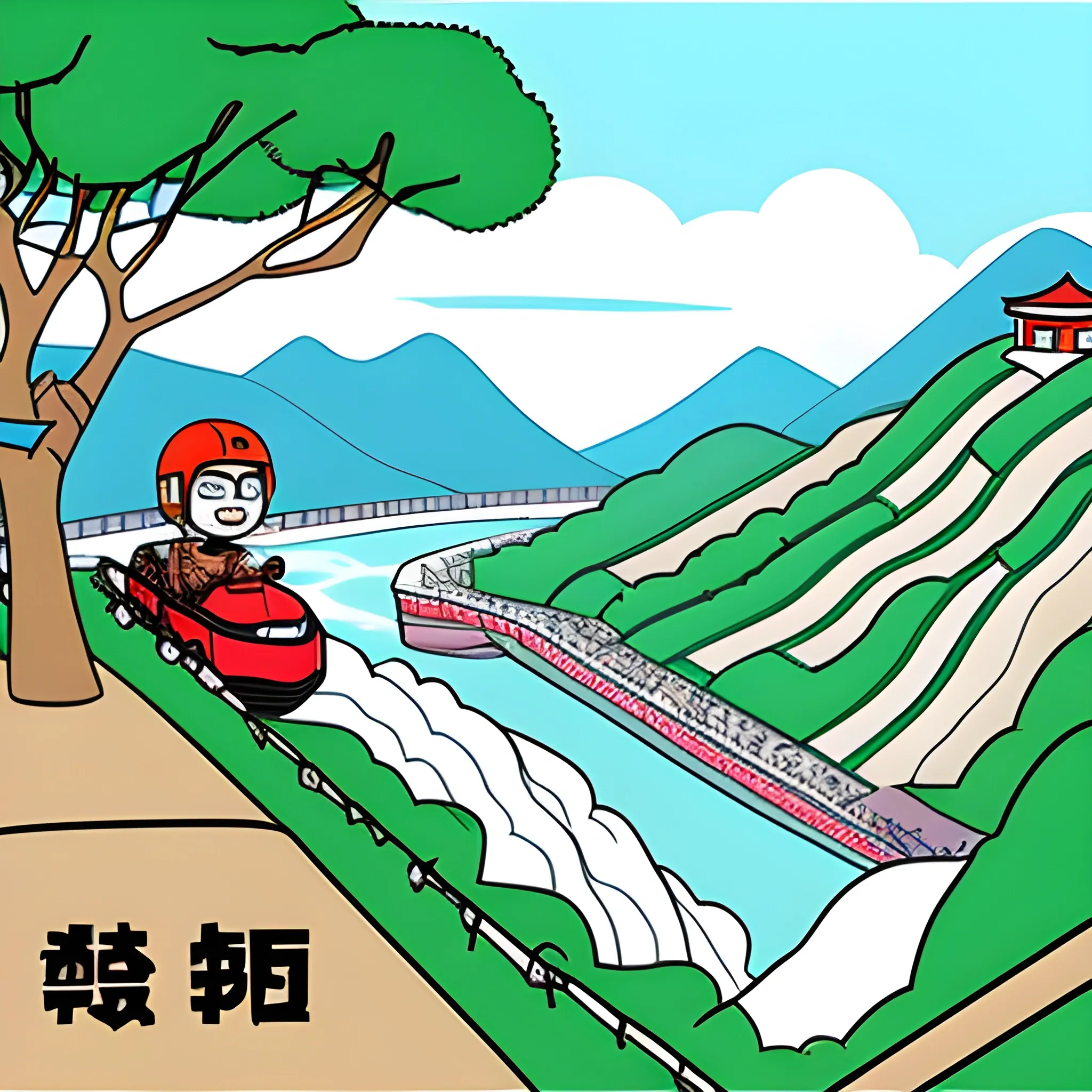 
Generate a cartoon-style picture of the Fanjing Mountain scenic spot at the rafting road, Cartoon