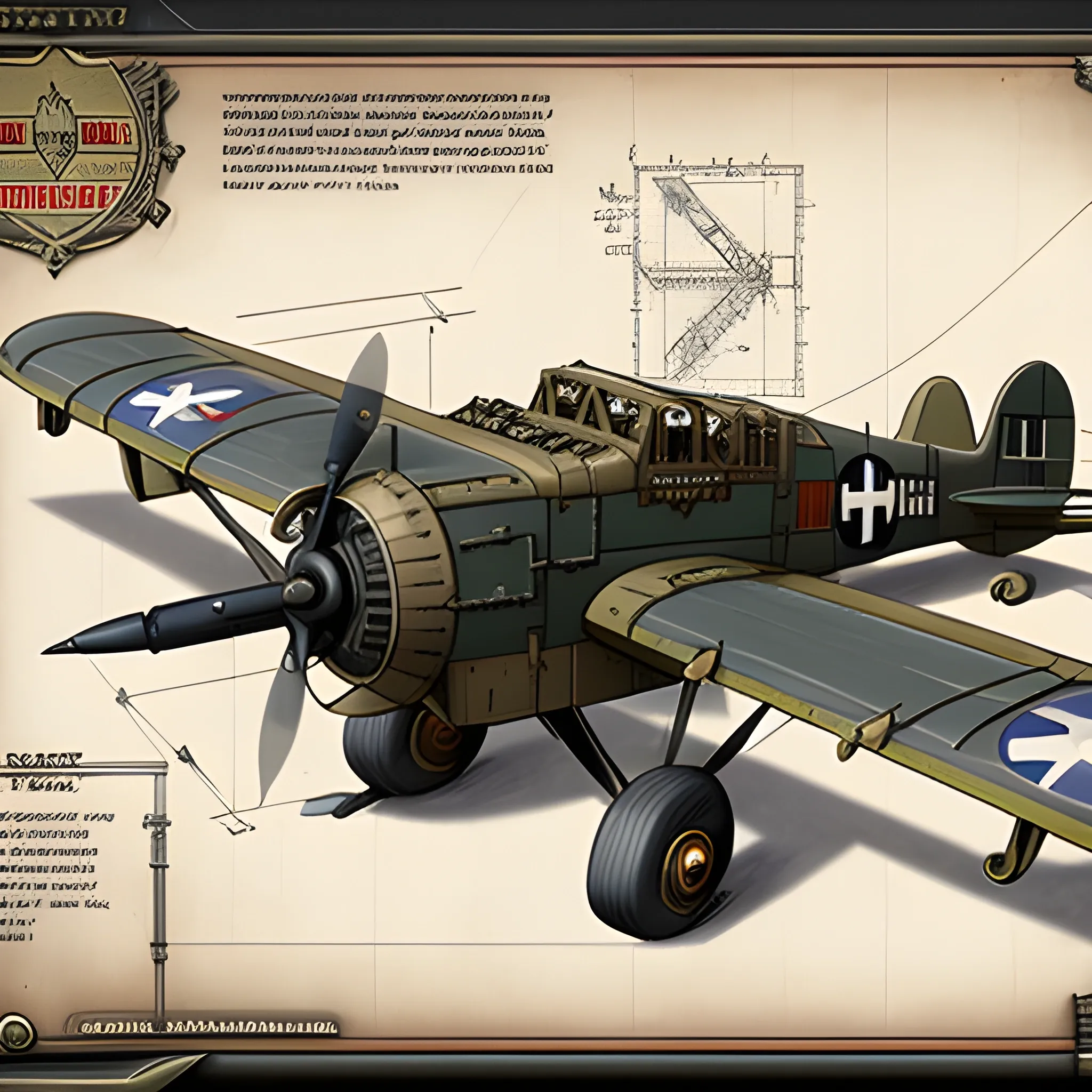 dieselpunk, best quality, biplane, world war 2 bomber, fantasy,, 8k, colored,  in hangar, repairing, Pencil Sketch, blueprint. machine guns in wing