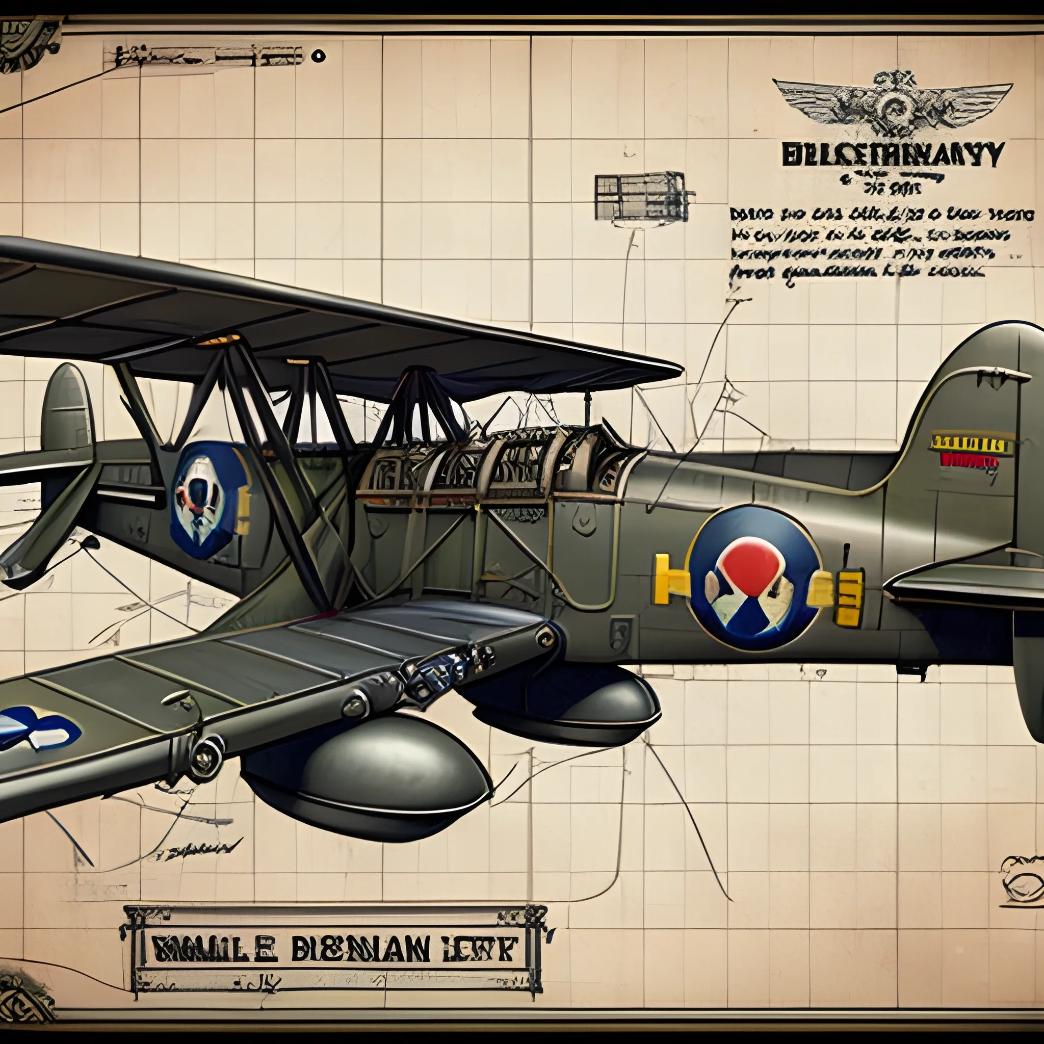 dieselpunk, best quality, biplane, world war 2 bomber, fantasy,, 8k, colored,  in hangar, repairing, Pencil Sketch, blueprint. machine guns in wing