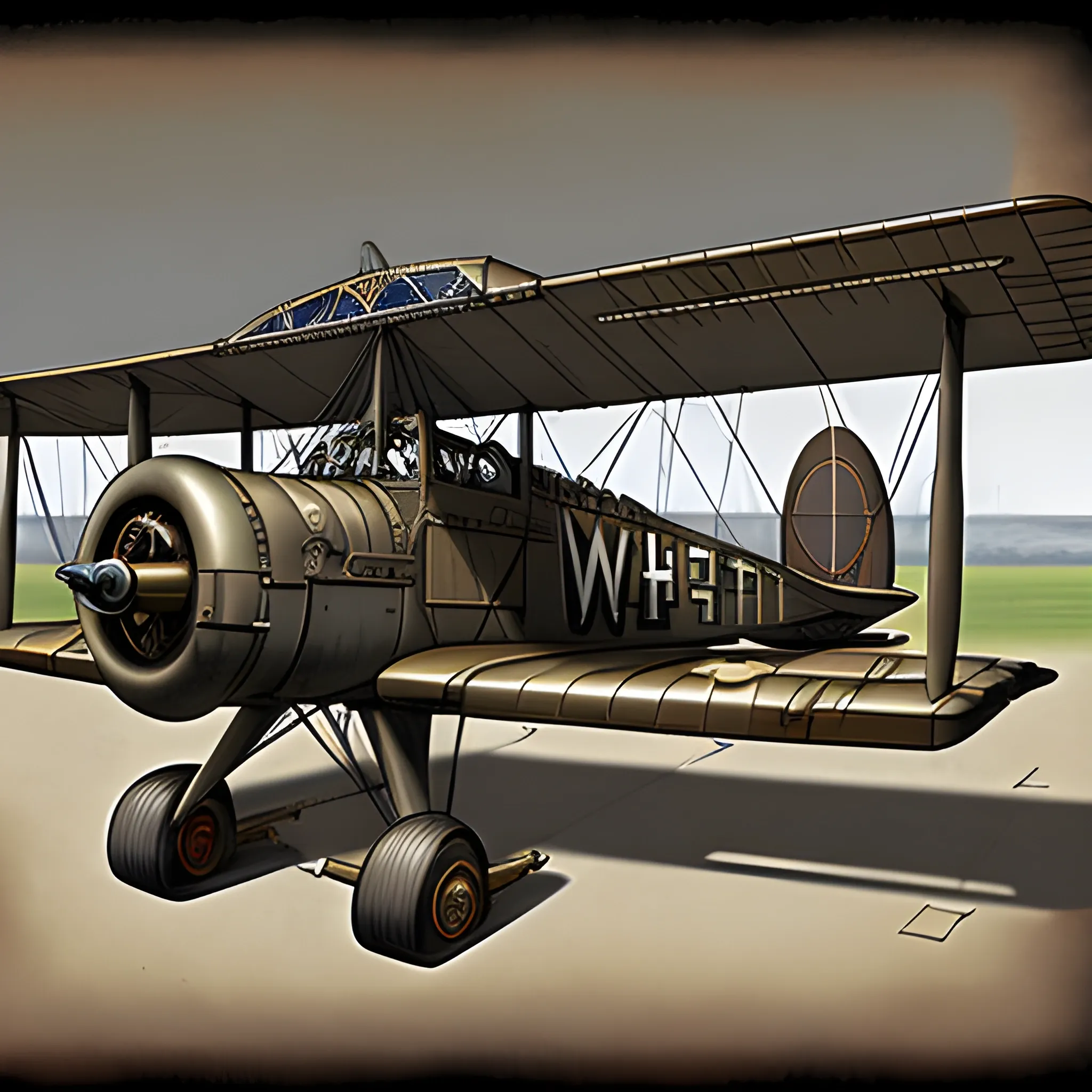 dieselpunk, best quality, biplane, world war 2 bomber, fantasy,, 8k, colored,  in hangar, repairing, Pencil Sketch, blueprint. machine guns in wing