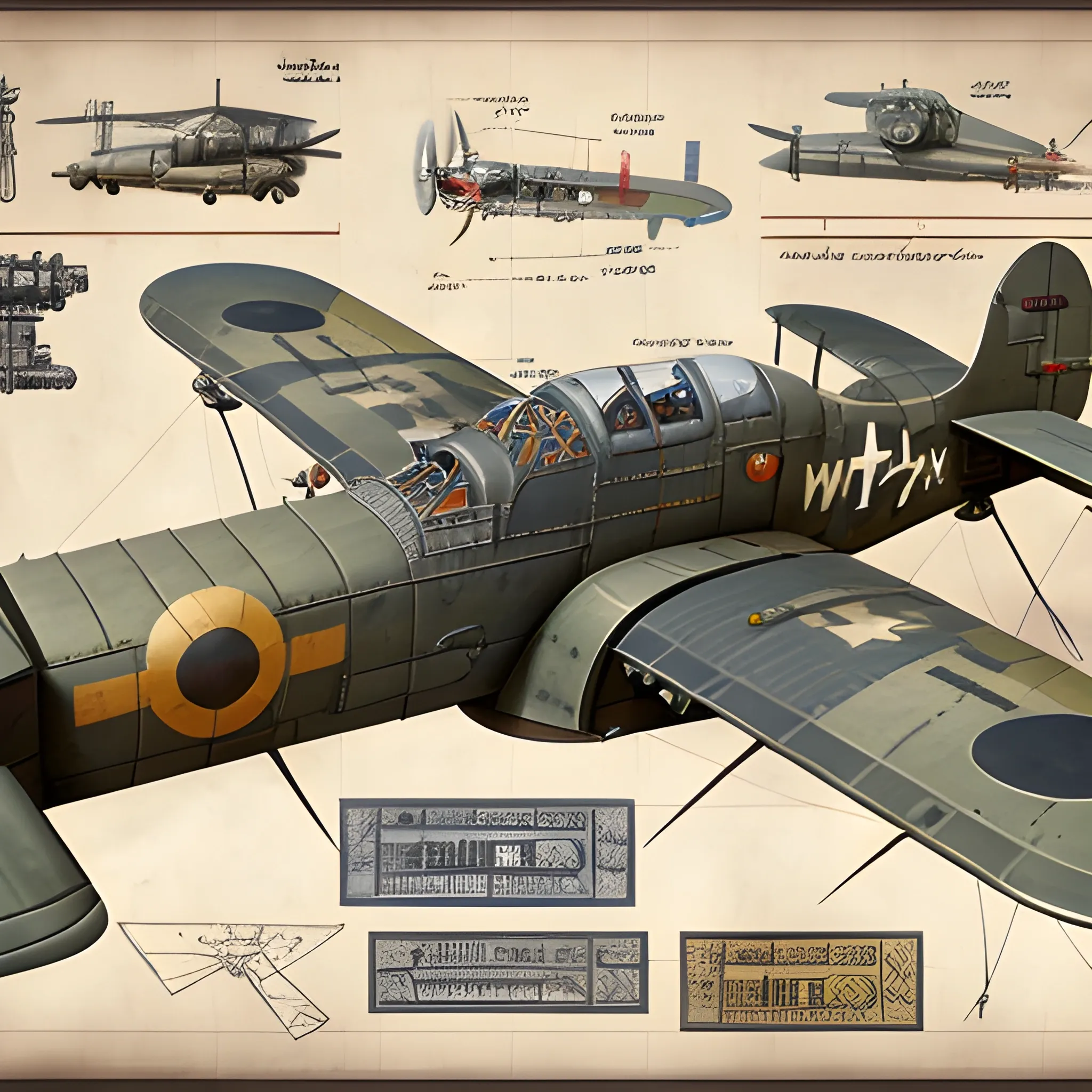 dieselpunk, best quality, biplane, world war 2 bomber, fantasy,, 8k, colored,  in hangar, repairing, Pencil Sketch, blueprint. machine guns in wing