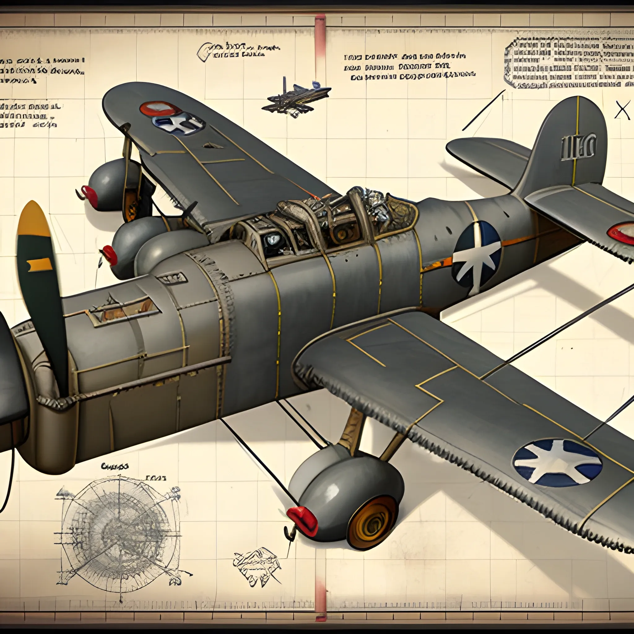 dieselpunk, best quality, biplane, world war 2 bomber, fantasy,, 8k, colored,  in hangar, repairing, Pencil Sketch, blueprint. machine guns in wing