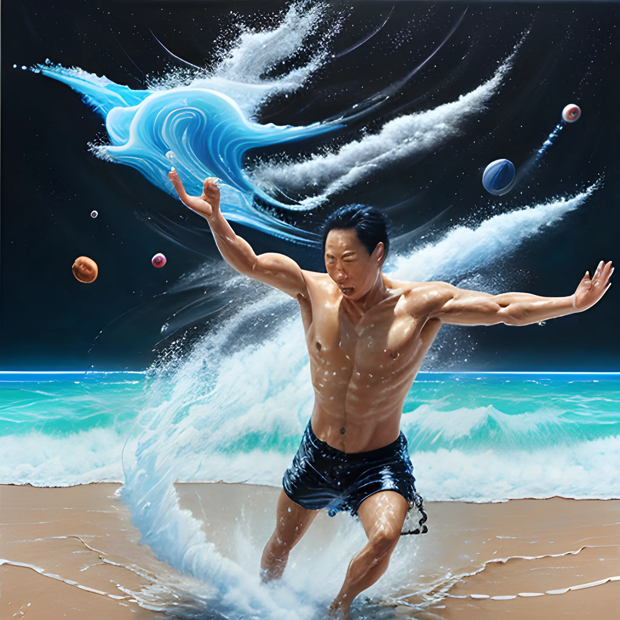 a trippy realistic oil painting of daniel dae kim splashing yang wei on a beach in space