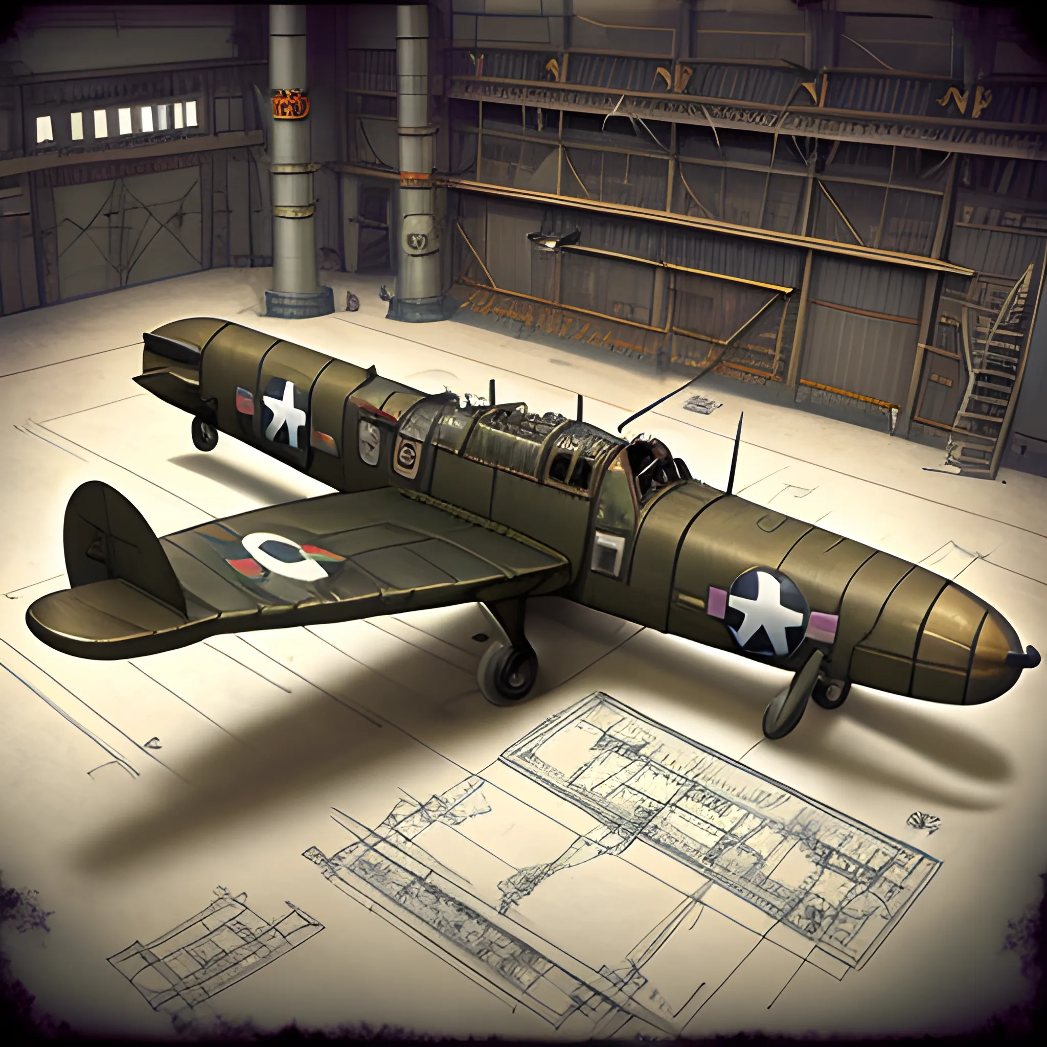 dieselpunk, best quality, biplane, world war 2 bomber, fantasy,, 8k, colored,  in hangar, repairing, Pencil Sketch, blueprint. machine guns in wing