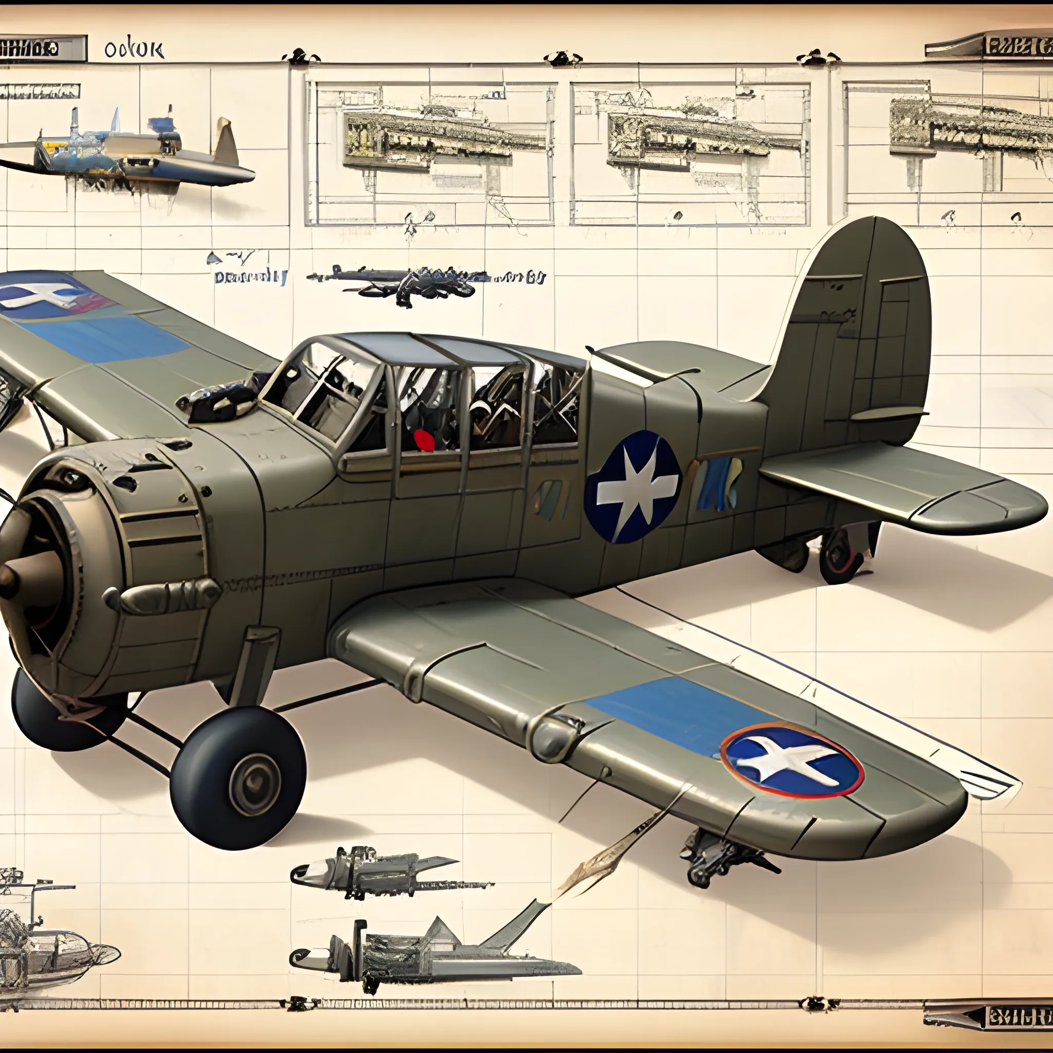 dieselpunk, best quality, biplane, world war 2 bomber, fantasy,, 8k, colored,  in hangar, repairing, Pencil Sketch, blueprint. machine guns in wing