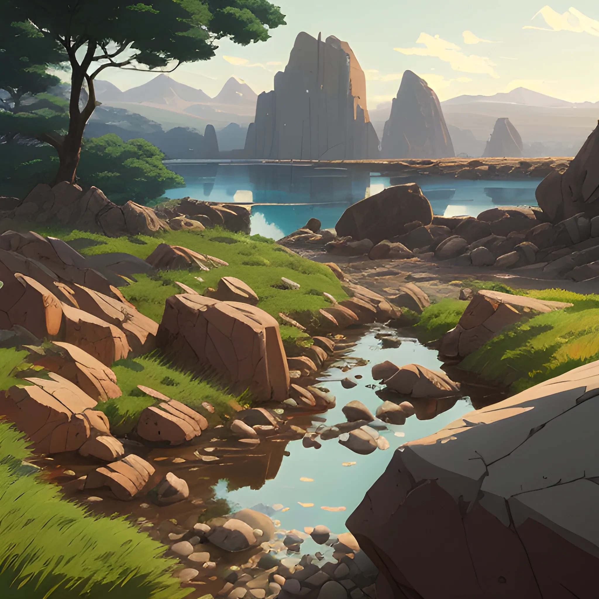 ground with rocks... in the style of makoto shinkai and greg rutkowski and albert bierstadt and james gurney