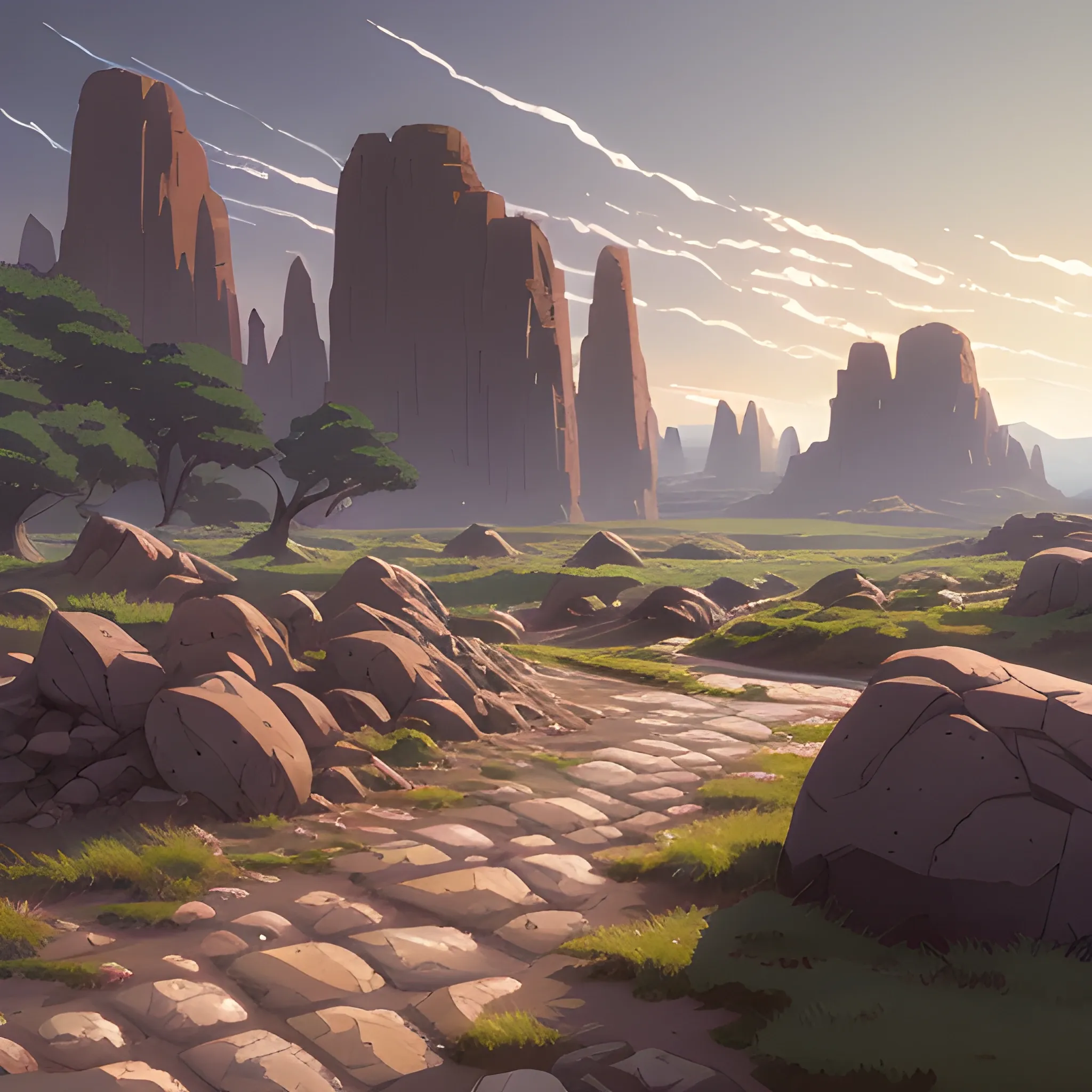 ground with rocks... in the style of makoto shinkai and greg rutkowski and albert bierstadt and james gurney