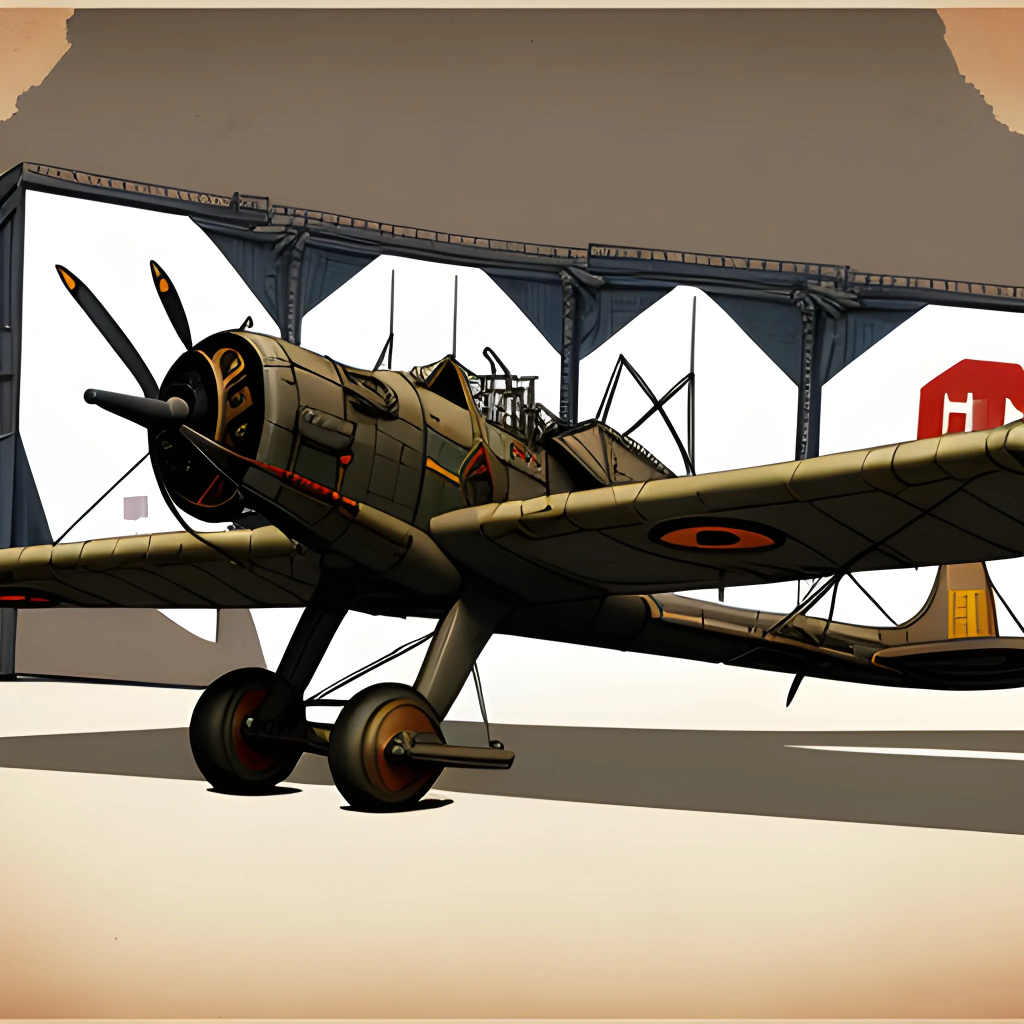 dieselpunk, best quality, biplane, world war 2 bomber, fantasy,, 8k, colored,  in hangar, repairing, Pencil Sketch,  machine guns in wing