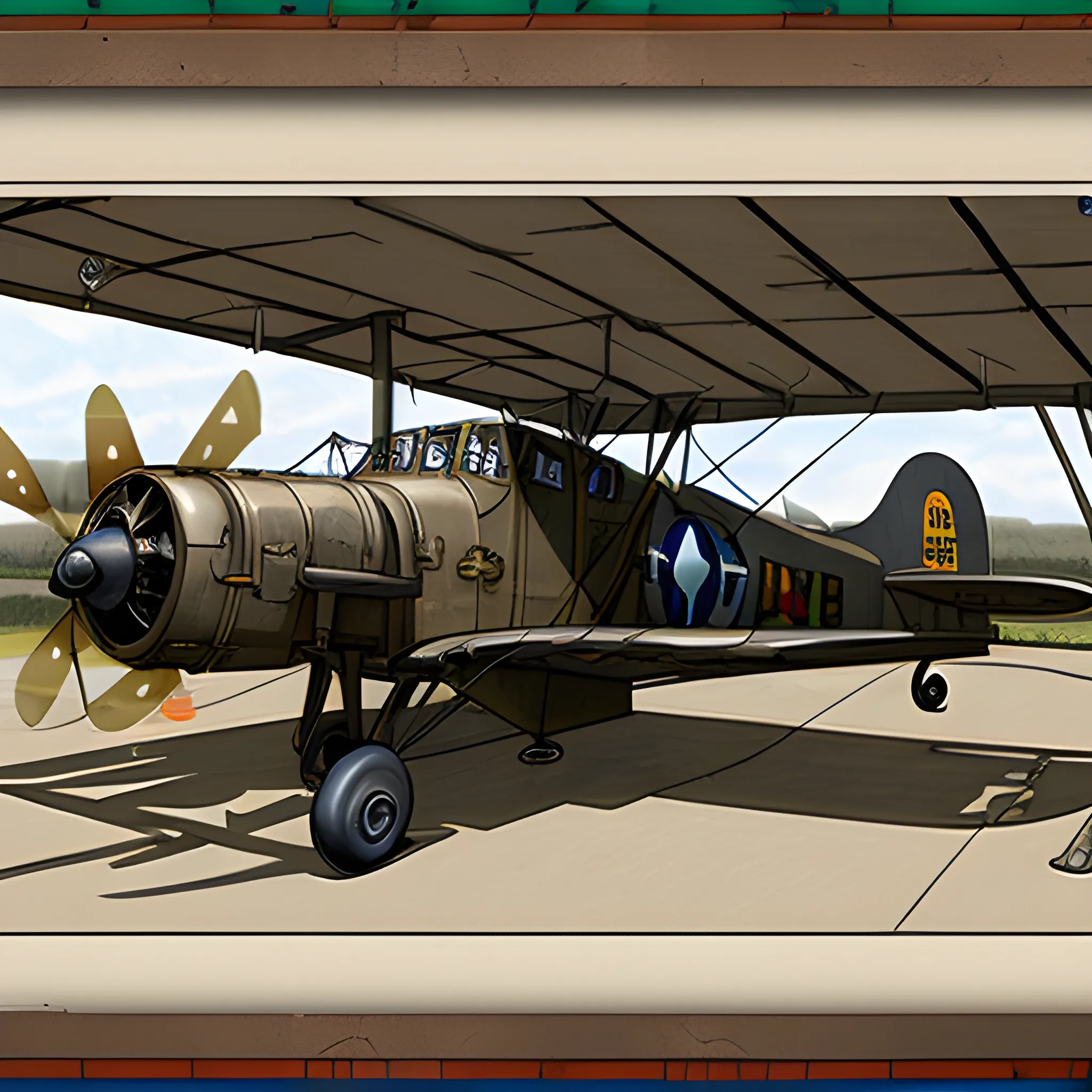 dieselpunk, best quality, biplane, world war 2 bomber, fantasy,, 8k, colored,  in hangar, repairing, Pencil Sketch,  machine guns in wing