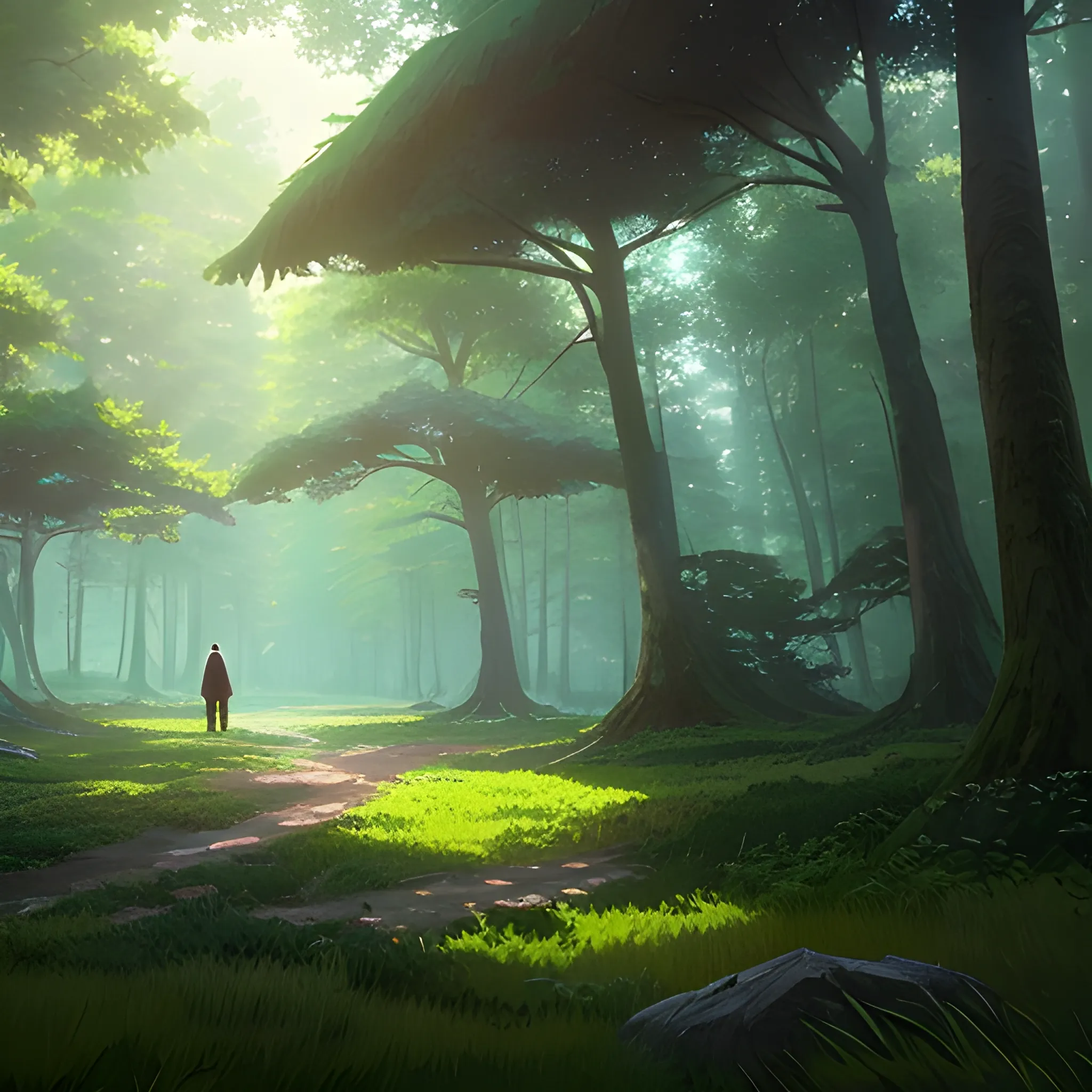 the forest with fooliage, trees... in the style of makoto shinkai and greg rutkowski and albert bierstadt and james gurney