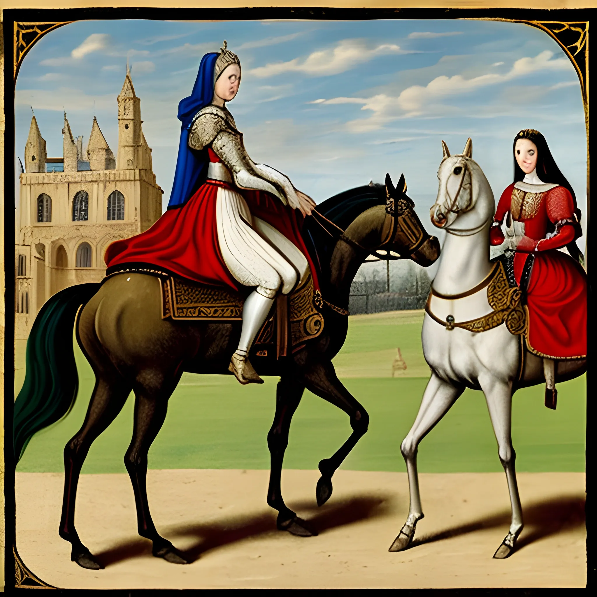 a medieval horse ride with the queen circa1565 europe, royal court of falconer, guard, and 2 maidens, beatiful clothing and harness for the horses