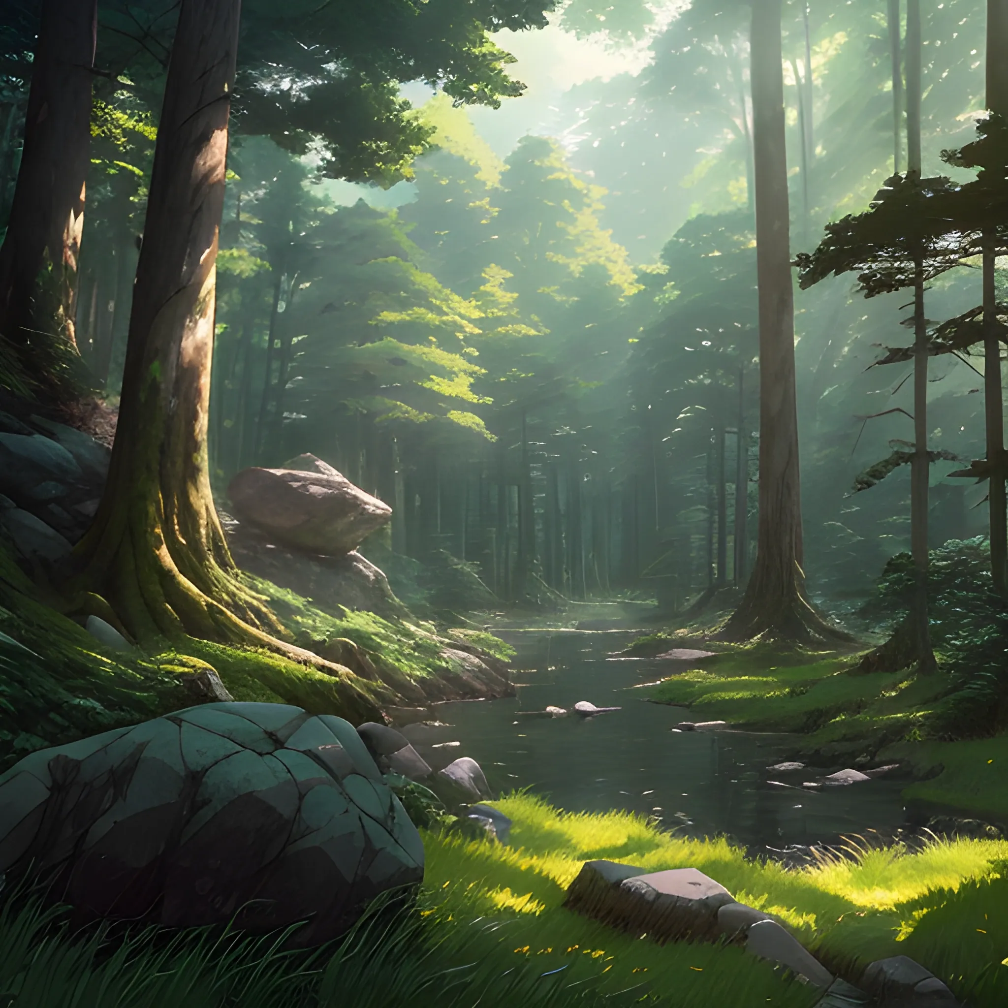 the dense forest with many fooliage, grass and trees, rocks... in the style of makoto shinkai and greg rutkowski and albert bierstadt and james gurney