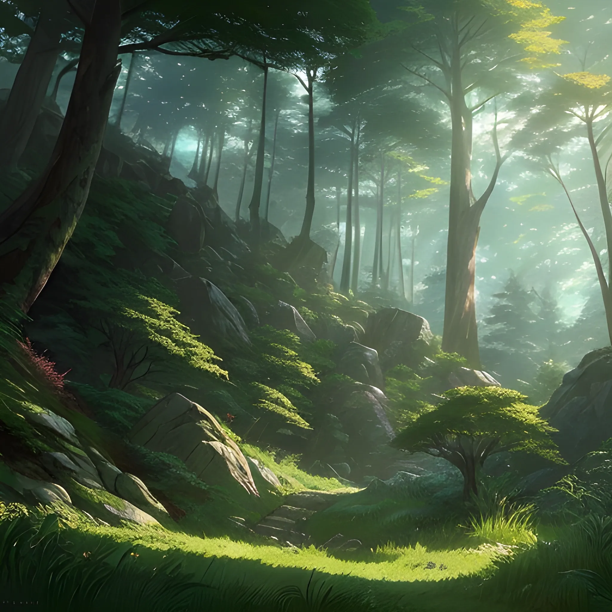 the dense forest with many fooliage, grass and trees, rocks... in the style of makoto shinkai and greg rutkowski and albert bierstadt and james gurney