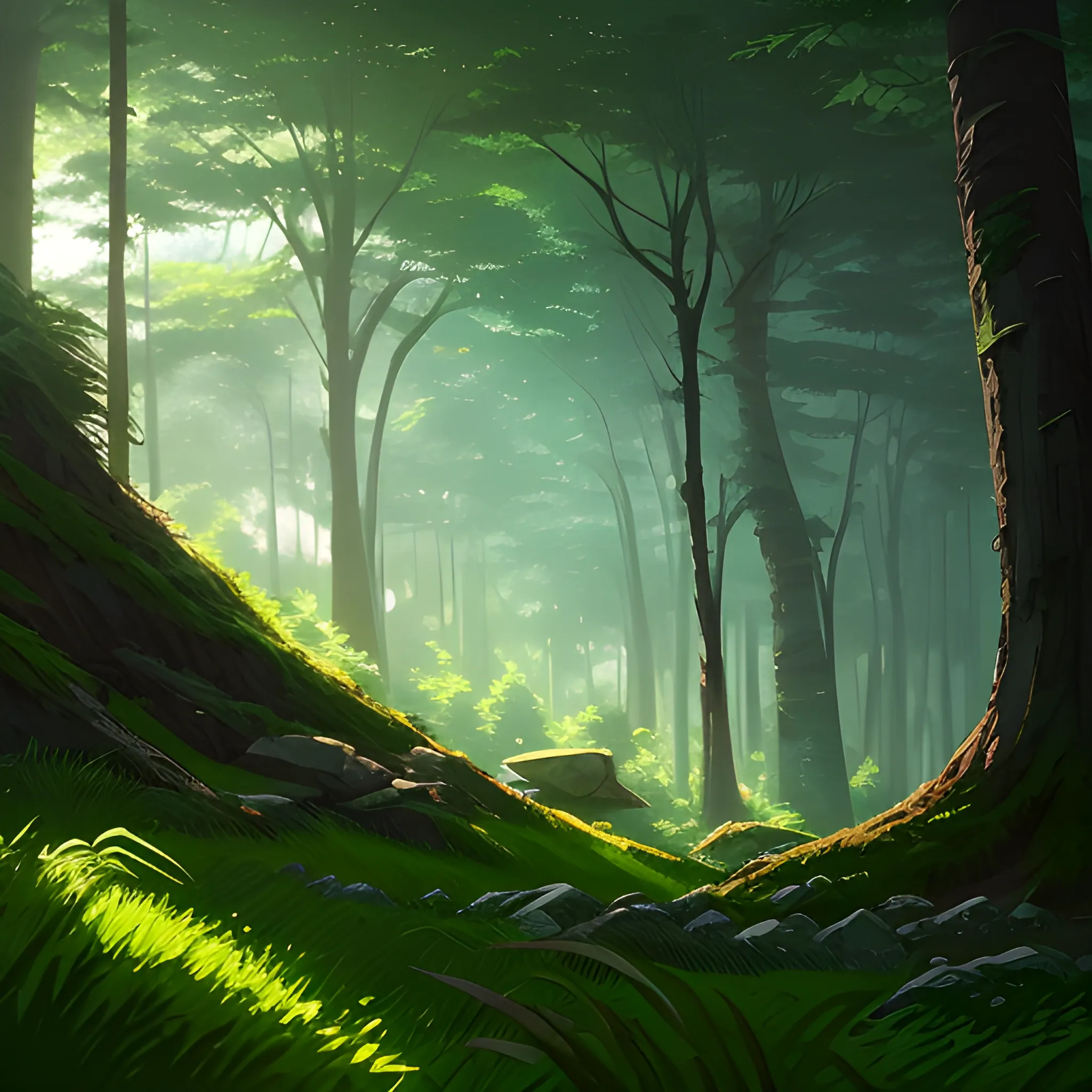 low angle, the dense forest with many fooliage, grass and trees, rocks... in the style of makoto shinkai and greg rutkowski and albert bierstadt and james gurney