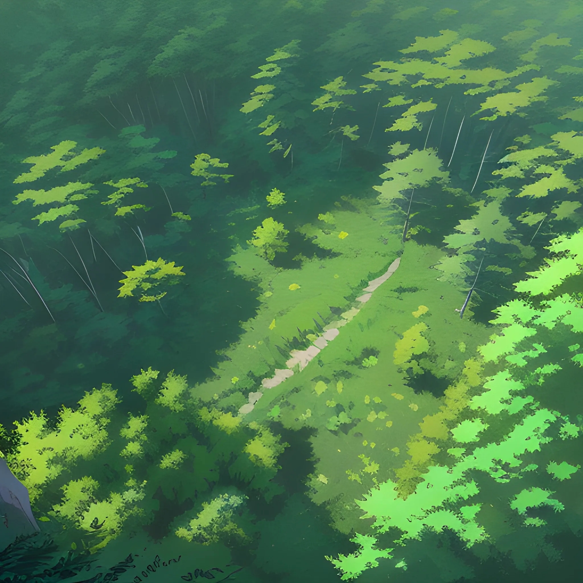 top view, the dense forest with many fooliage, grass and trees, ... -  Arthub.ai