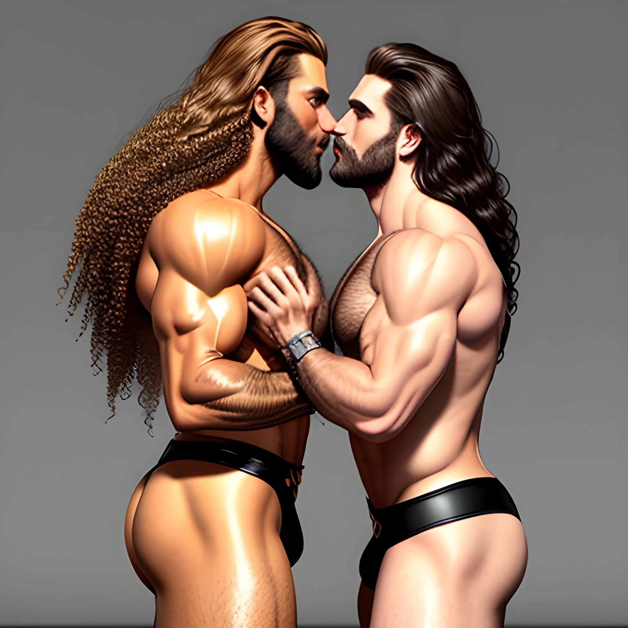 2 muscularDude's, 

kissing, 

with expansive Wings, 

handsome, 

beauty's, 

muscle, 

no blurry, 

dark eyes, 

hyperealistic, 

german, 

tanned skin, 

long curly hair, 

colorful hair, 

colorfull small leather tanga with gold details, 

same facial halves, 

bulge, 

happy, 

whole body with legs, 

big bulge, 

dark piercing eyes, 

huge bulge, 

hairy, 

fine details, 

young, 

two identical symmetrical eyes, 

same colofull eyes, 

stubble, 

blond, 

very long hair cascading over a hairy Chest, 

reminiscent of an Angel