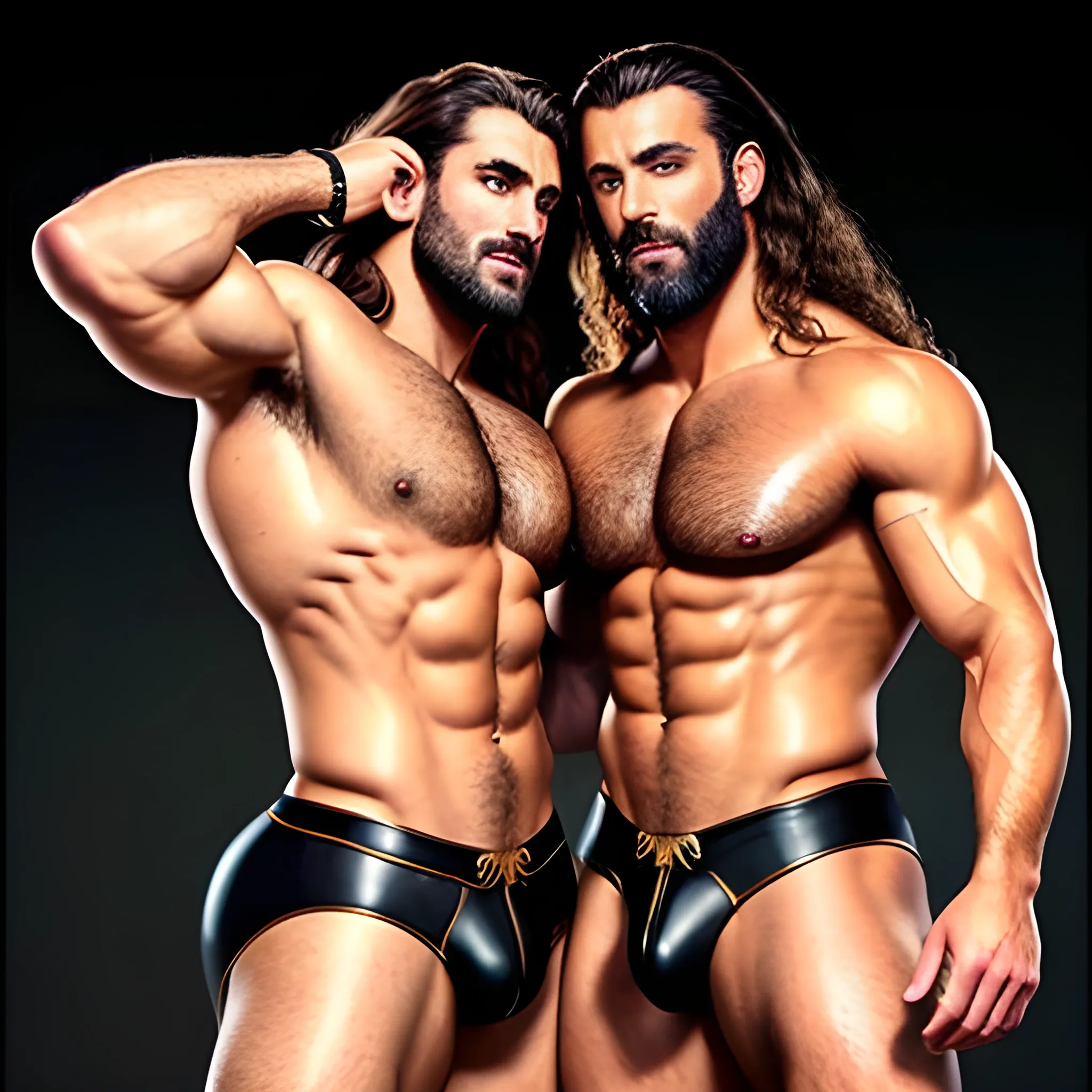 2 muscularDude's, 

kissing, 

with expansive Wings, 

handsome, 

beauty's, 

muscle, 

no blurry, 

dark eyes, 

hyperealistic, 

german, 

tanned skin, 

long curly hair, 

colorful hair, 

colorfull small leather tanga with gold details, 

same facial halves, 

bulge, 

happy, 

whole body with legs, 

big bulge, 

dark piercing eyes, 

huge bulge, 

hairy, 

fine details, 

young, 

two identical symmetrical eyes, 

same colofull eyes, 

stubble, 

blond, 

very long hair cascading over a hairy Chest, 

reminiscent of an Angel