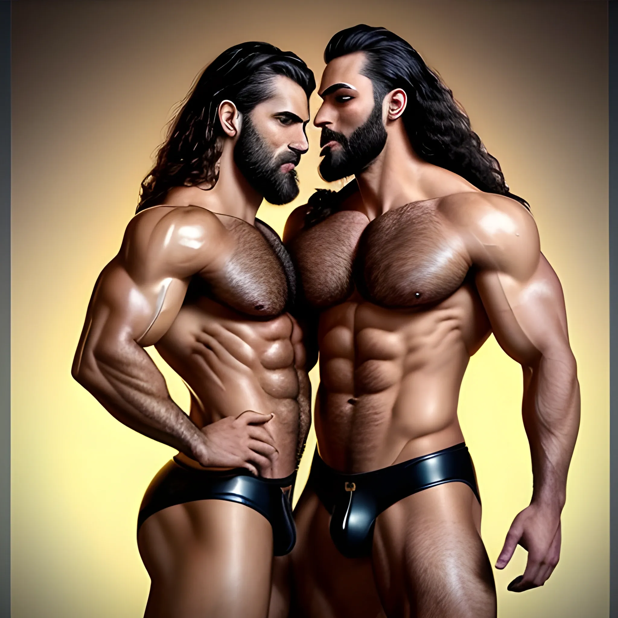 2 muscularDude's, 

kissing, 

with expansive Wings, 

handsome, 

beauty's, 

muscle, 

no blurry, 

dark eyes, 

hyperealistic, 

german, 

tanned skin, 

long curly hair, 

colorful hair, 

colorfull small leather tanga with gold details, 

same facial halves, 

bulge, 

happy, 

whole body with legs, 

big bulge, 

dark piercing eyes, 

huge bulge, 

hairy, 

fine details, 

young, 

two identical symmetrical eyes, 

same colofull eyes, 

stubble, 

blond, 

very long hair cascading over a hairy Chest, 

reminiscent of an Angel