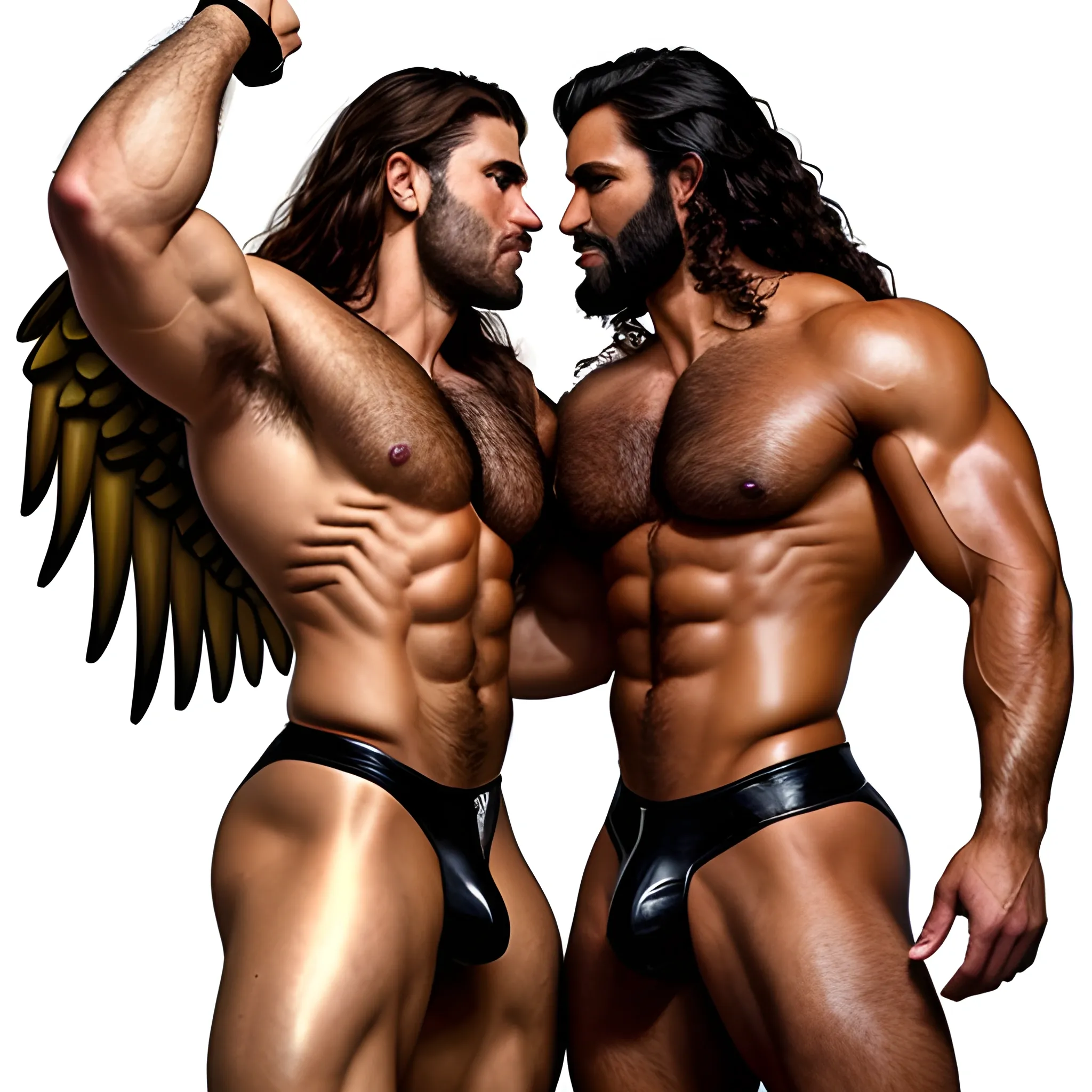 2 muscularDude's, 

kissing, 

with expansive Wings, 

handsome, 

beauty's, 

muscle, 

no blurry, 

dark eyes, 

hyperealistic, 

german, 

tanned skin, 

long curly hair, 

colorful hair, 

colorfull small leather tanga with gold details, 

same facial halves, 

bulge, 

happy, 

whole body with legs, 

big bulge, 

dark piercing eyes, 

huge bulge, 

hairy, 

fine details, 

young, 

two identical symmetrical eyes, 

same colofull eyes, 

stubble, 

blond, 

very long hair cascading over a hairy Chest, 

reminiscent of an Angel