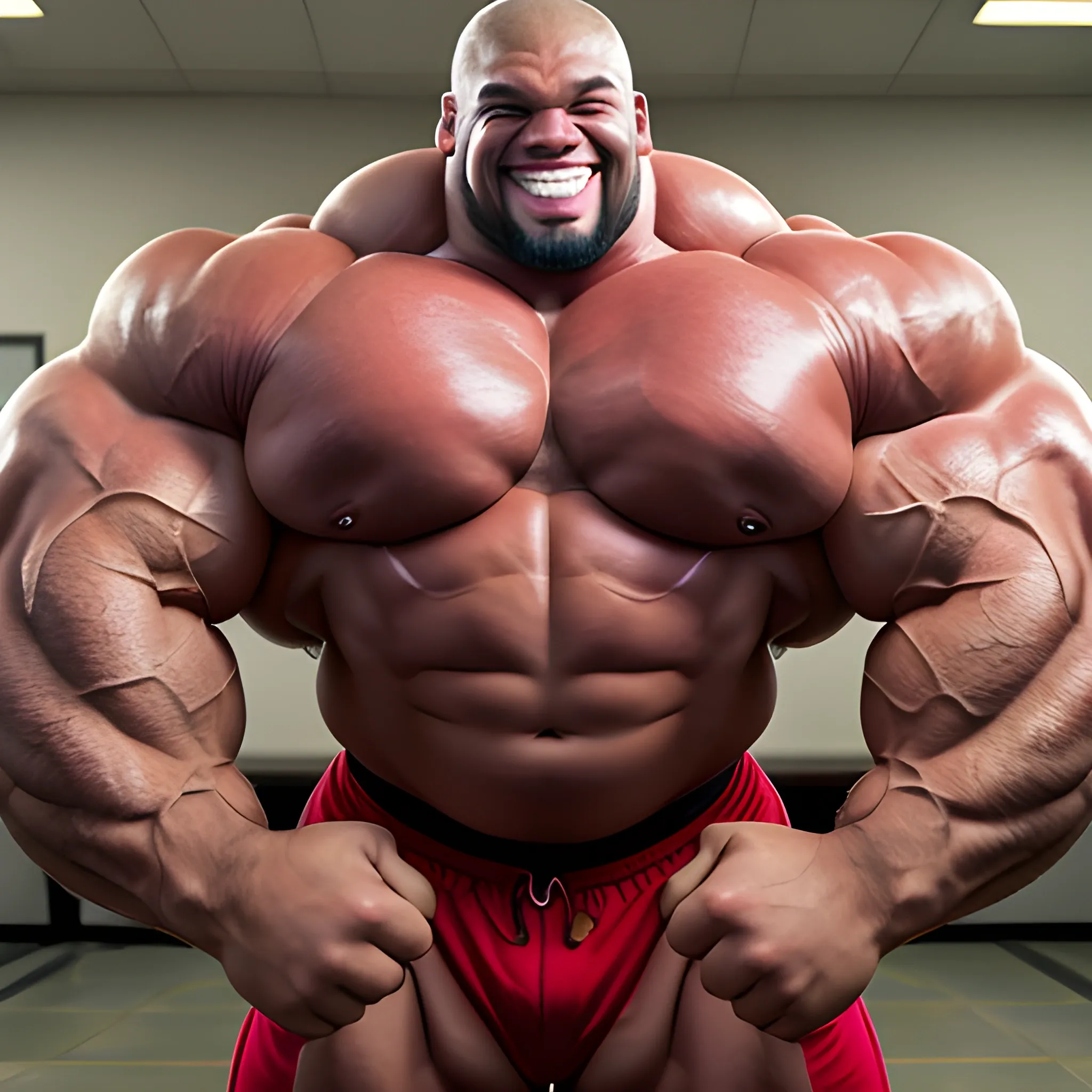 3-meters, beaatiful muscle morph, smile happy, long humongous arms, 3000 lbs bodybuilder, gigantic 300 inches biceps, huge biceps, extremely huge muscular arms, 300 inches enormous triceps, enormous forearms, gigantic traps, 300 inches chest, 

