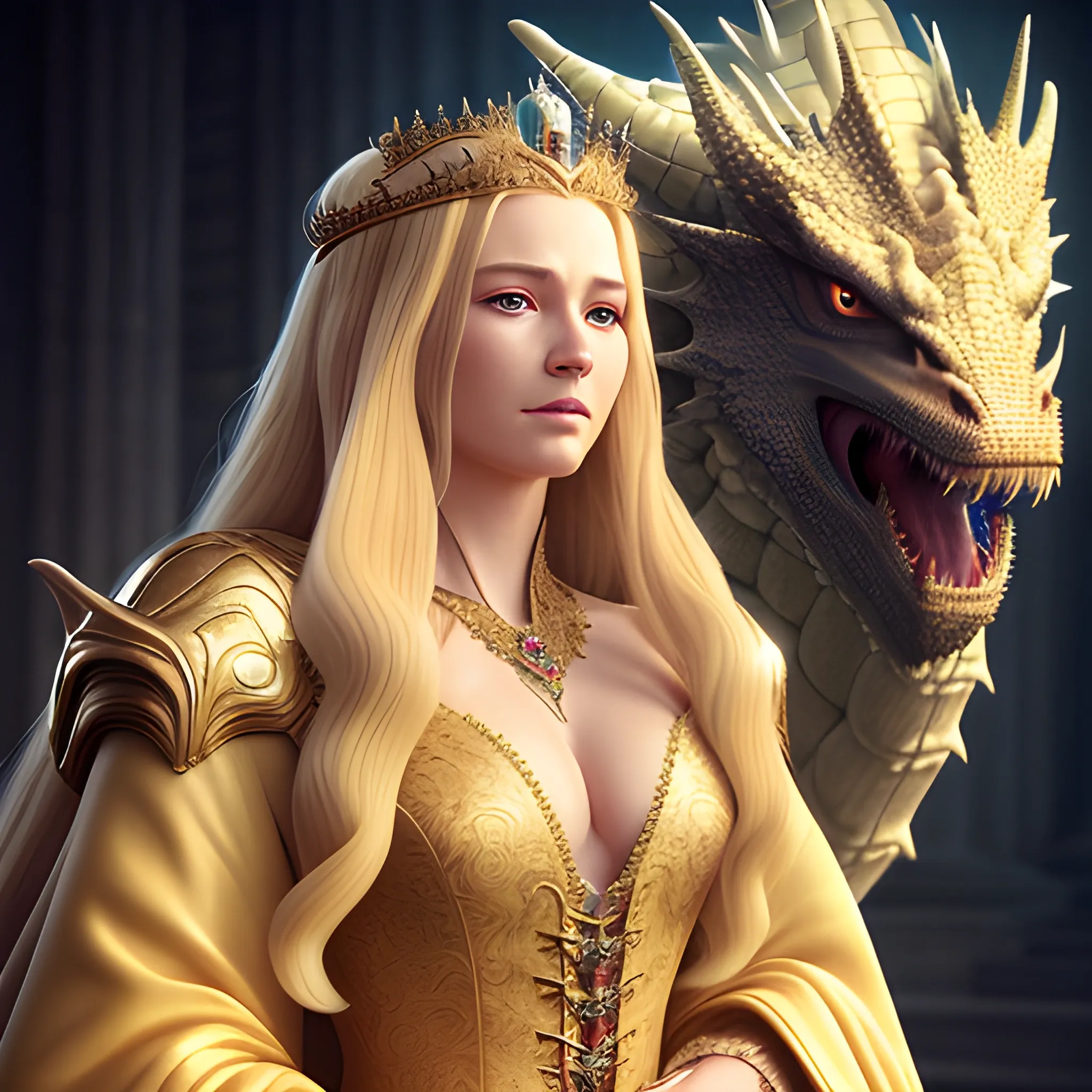 A close-up portrait photo of a beautiful majestic queen wearing a majestic robe, (massive dragon:1. 2) a large dragon beside her, main castle throne chamber, detailed clothing, long blonde flowing hair, shiny skin, subsurface scattering, (sharp:0. 7), ultra-detailed, dramatic lighting, 3D, Cartoon