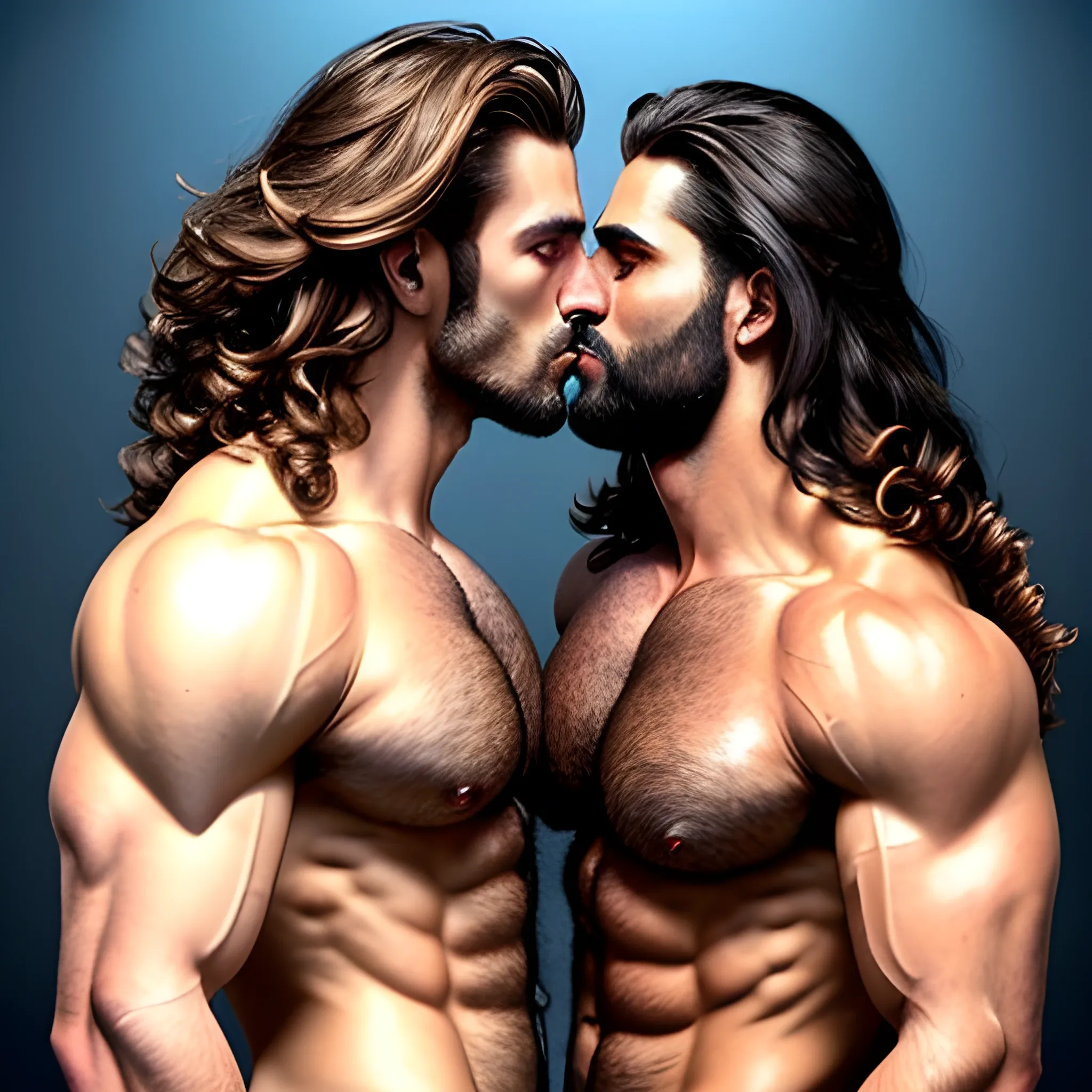 2 muscularDude's, 

kissing, 

with expansive Wings, 

handsome, 

beauty's, 

muscle, 

no blurry, 

dark eyes, 

hyperealistic, 

german, 

tanned skin, 

long curly hair, 

colorful hair, 

colorfull small leather tanga with gold details, 

same facial halves, 

bulge, 

happy, 

whole body with legs, 

big bulge, 

dark piercing eyes, 

huge bulge, 

hairy, 

fine details, 

young, 

two identical symmetrical eyes, 

same colofull eyes, 

stubble, 

blond, 

very long hair cascading over a hairy Chest, 

reminiscent of an Angel