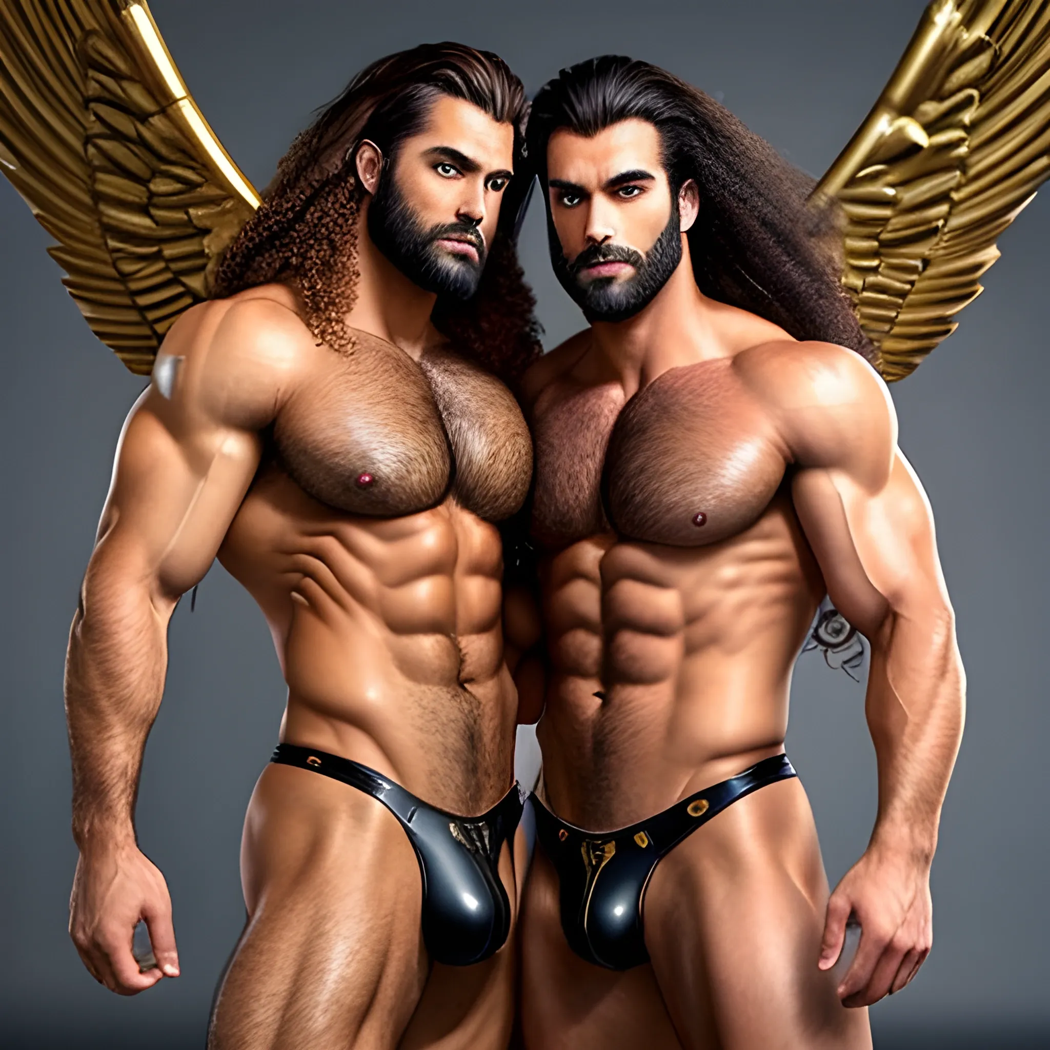 2 muscularDude's, each with two wings,

kissing, 

with expansive Wings, 

handsome, 

beauty's, 

muscle, 

no blurry, 

dark eyes, 

hyperealistic, 

german, 

tanned skin, 

long curly hair, 

colorful hair, 

colorfull small leather tanga with gold details, 

same facial halves, 

bulge, 

happy, 

whole body with legs, 

big bulge, 

dark piercing eyes, 

huge bulge, 

hairy, 

fine details, 

young, 

two identical symmetrical eyes, 

same colofull eyes, 

stubble, 

blond, 

very long hair cascading over a hairy Chest, 

reminiscent of an Angel