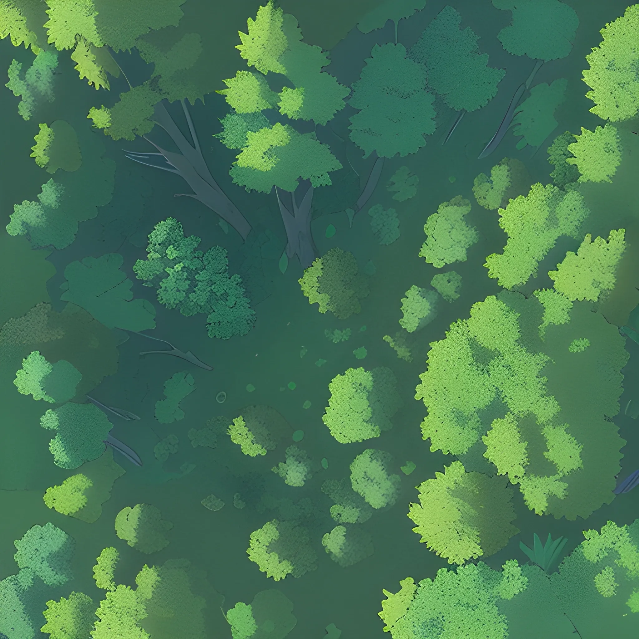 top view, the dense forest with many fooliage, grass and trees, rocks... in the style of makoto shinkai and greg rutkowski and albert bierstadt and james gurney