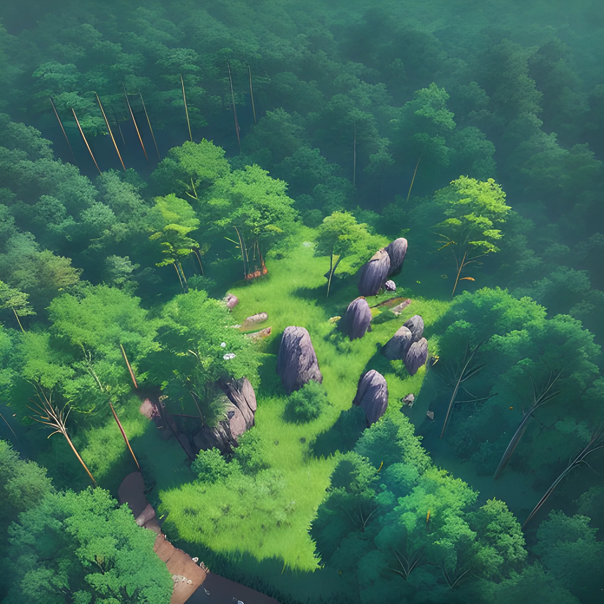 aerial view, the dense forest with many fooliage, grass and tree ...