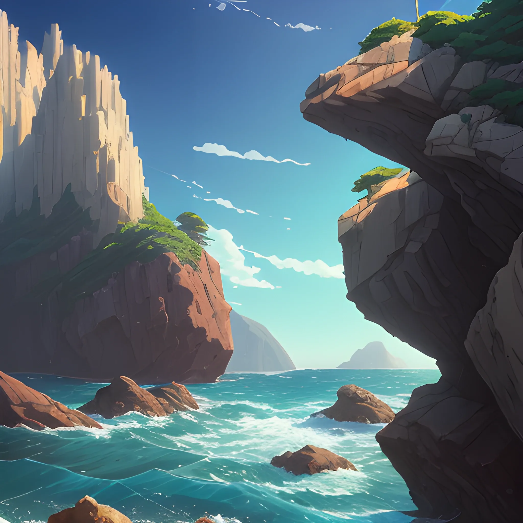 view of the sea with large rocks... in the style of makoto shinkai and greg rutkowski and albert bierstadt and james gurney