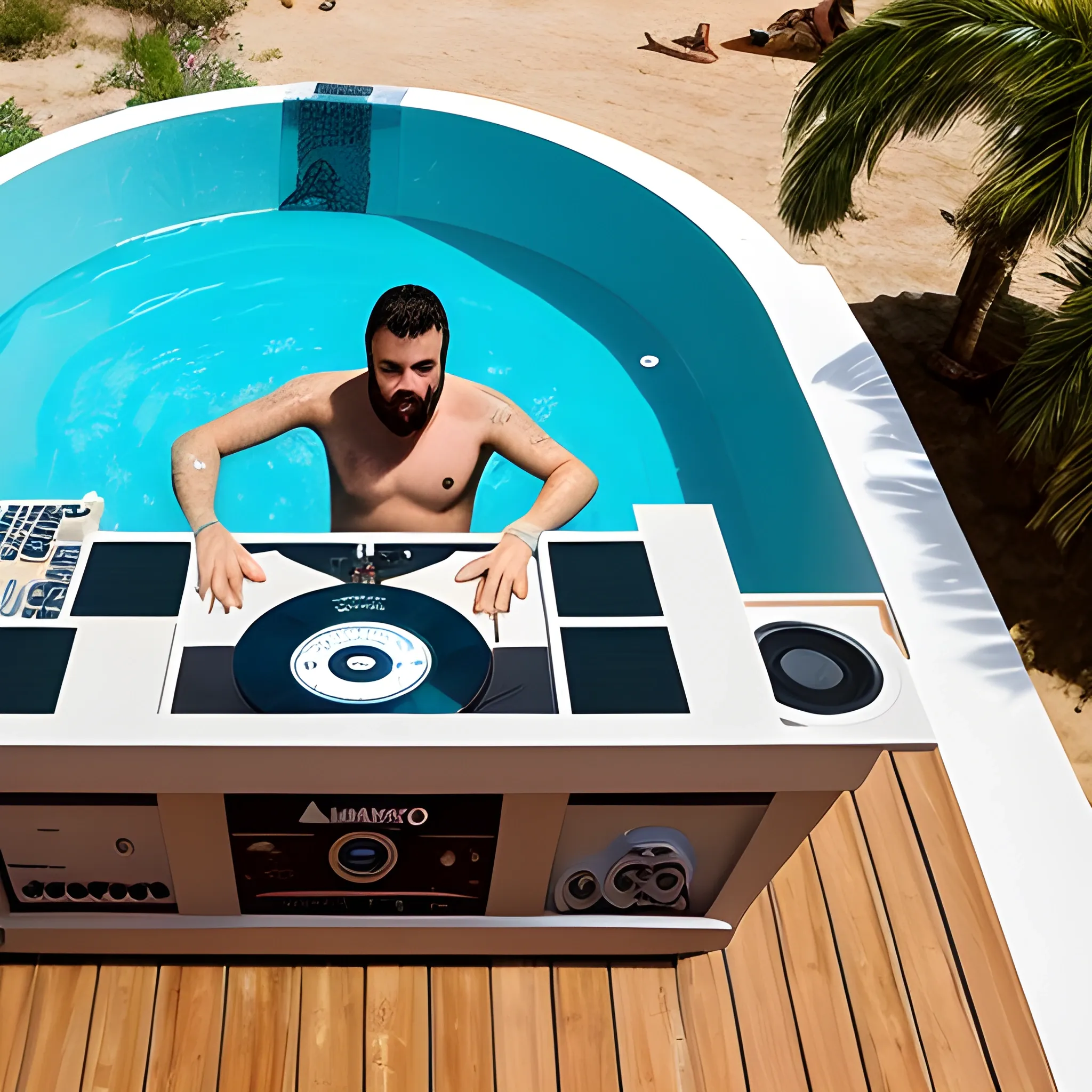 realiza una casa con todo tipo de lujos, desde gimansio hasta una zona de gaming. Además de una piscina gigante con personas bañándose y disfrutando de la música que está tocando un dj montado en una pirámide de egipto 
