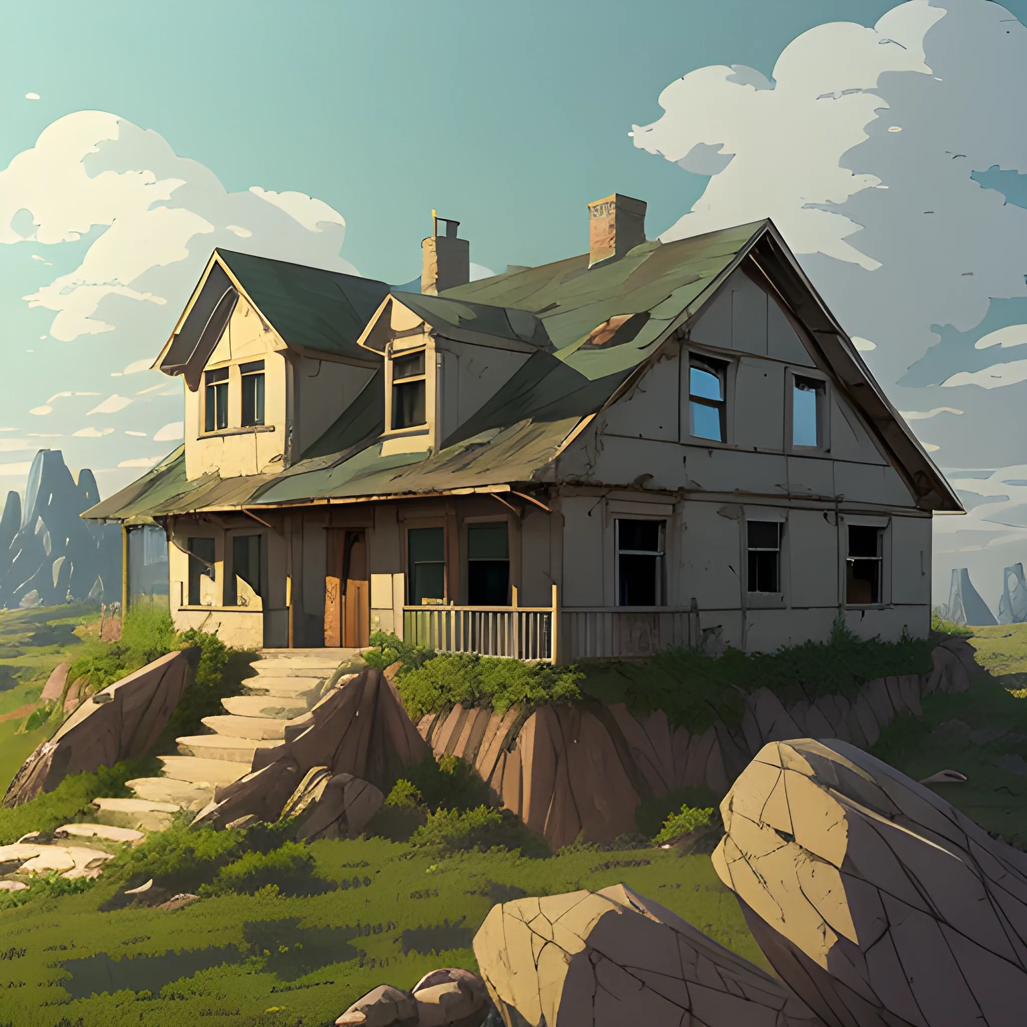 abandonned house with large rocks... in the style of makoto shinkai and greg rutkowski and albert bierstadt and james gurney