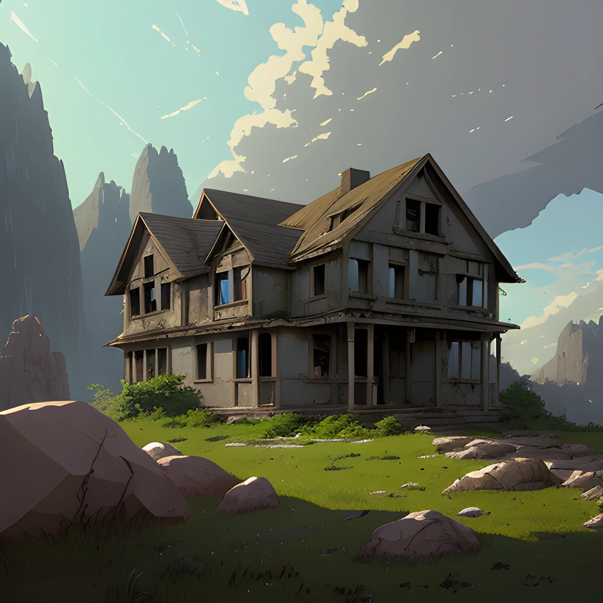 abandonned house with large rocks... in the style of makoto shinkai and greg rutkowski and albert bierstadt and james gurney