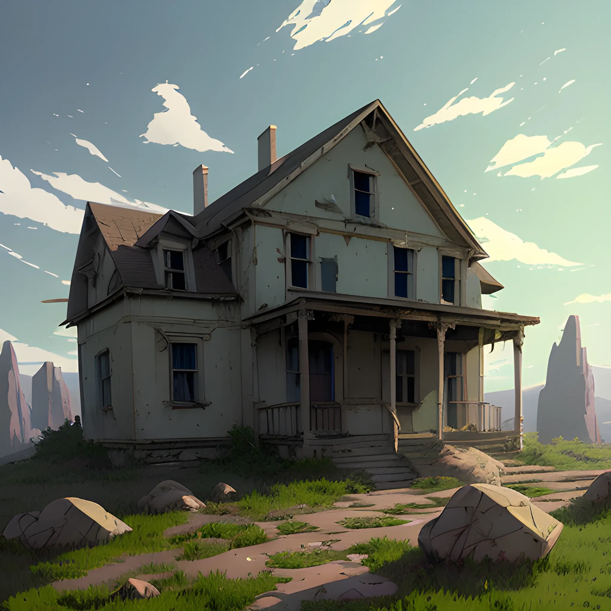 abandonned house with large rocks... in the style of makoto shinkai and greg rutkowski and albert bierstadt and james gurney