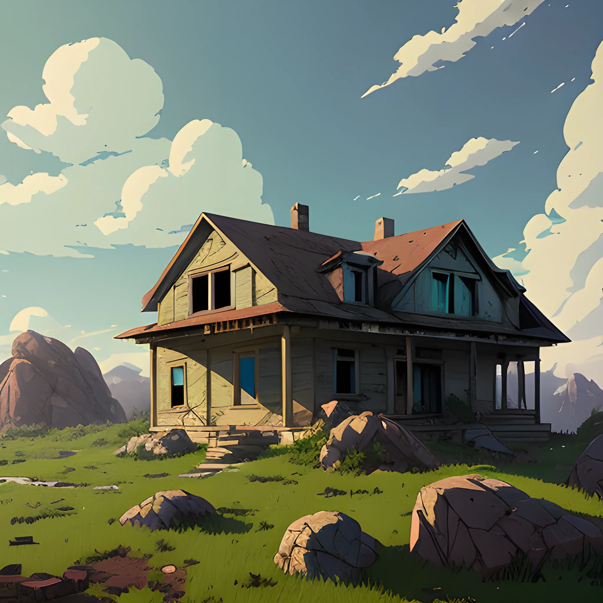 abandonned house with large rocks... in the style of makoto shinkai and greg rutkowski and albert bierstadt and james gurney