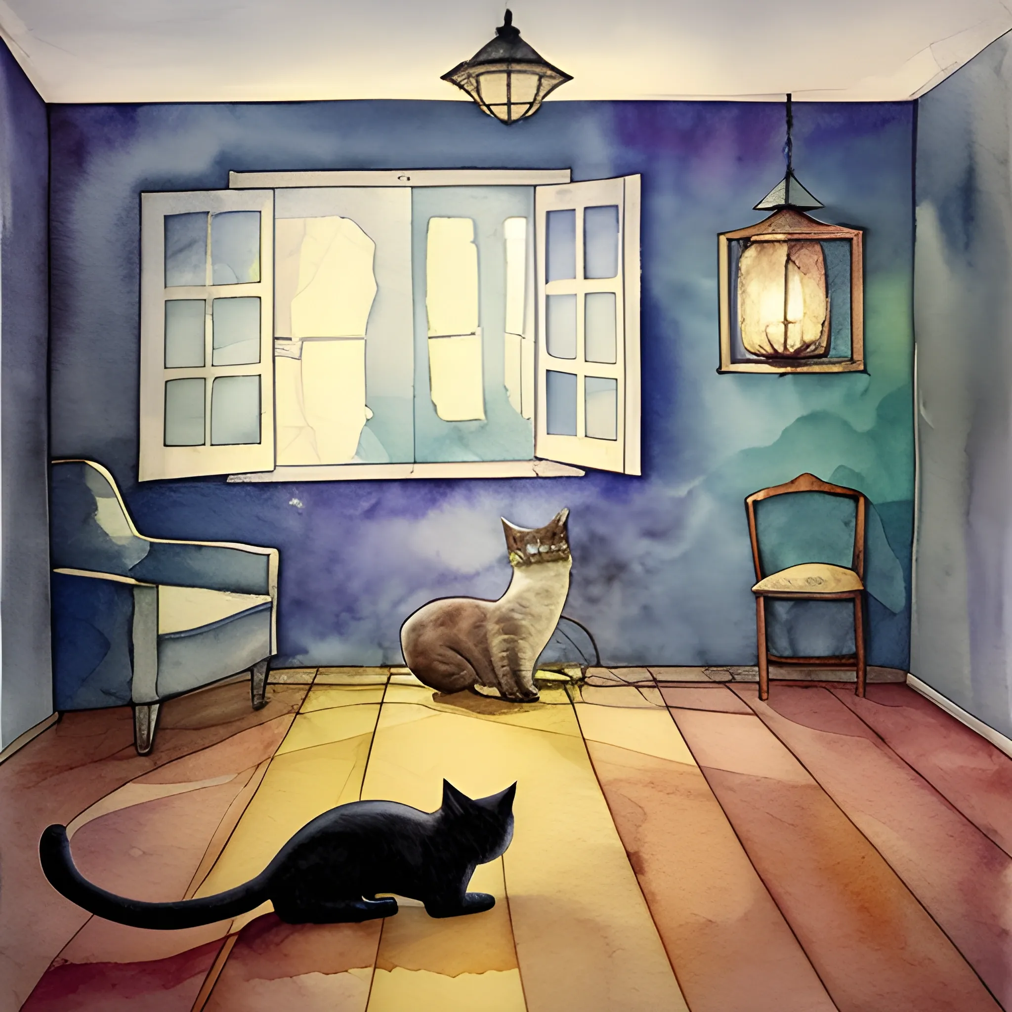 The house comes out of the window, thrown by the lamp and the mirrors line the floor and one cat, Water Color