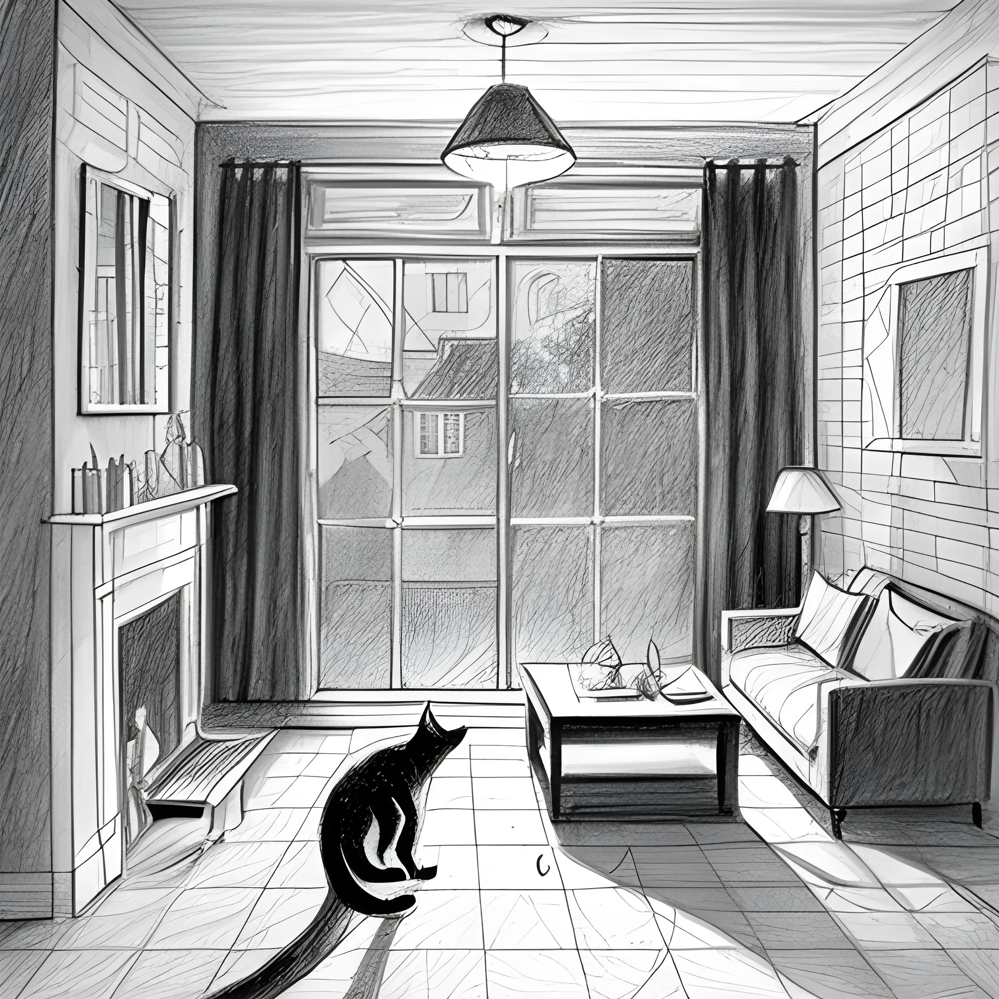 The house comes out of the window, thrown by the lamp and the mirrors line the floor and one cat, Pencil Sketch