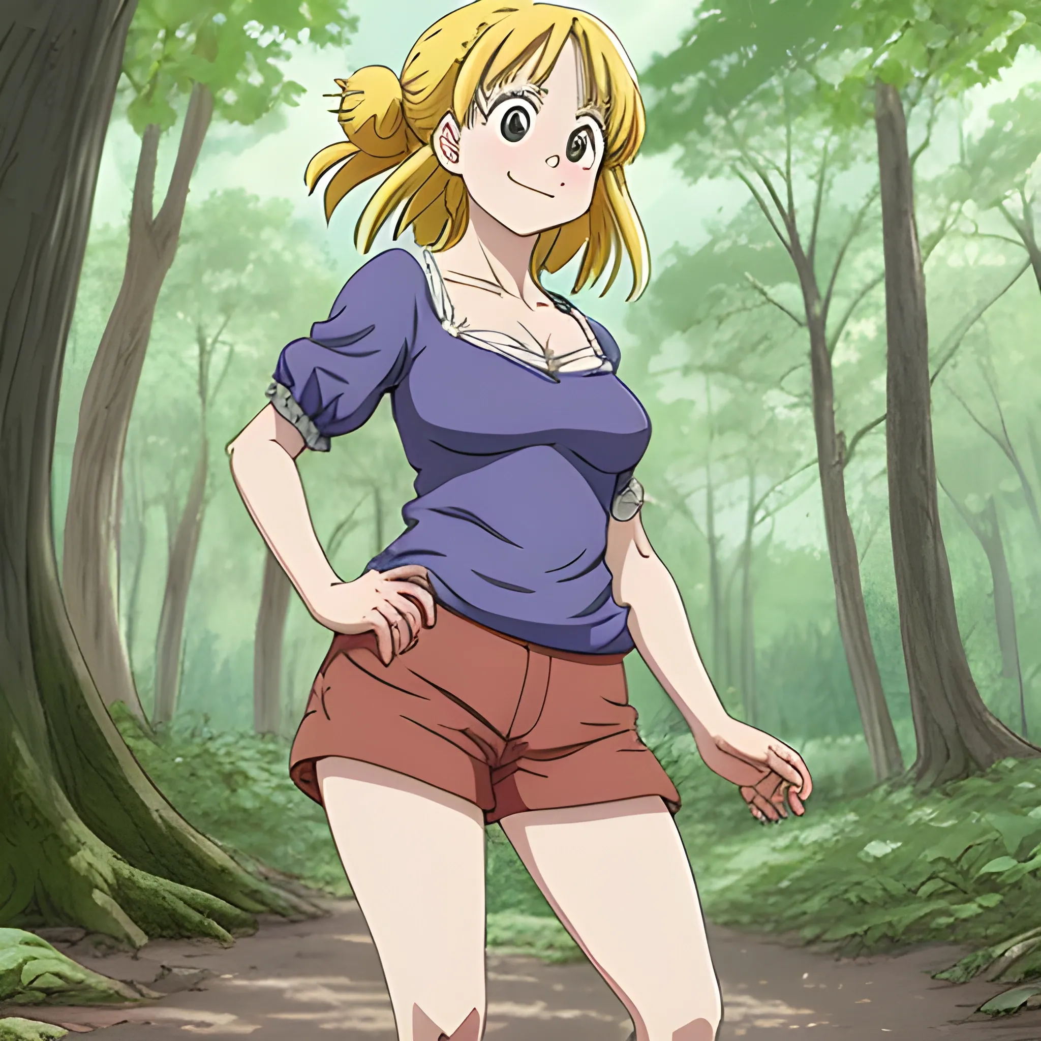 Diane from the seven deadly sins in a forest barefoot, in short clothes, happy