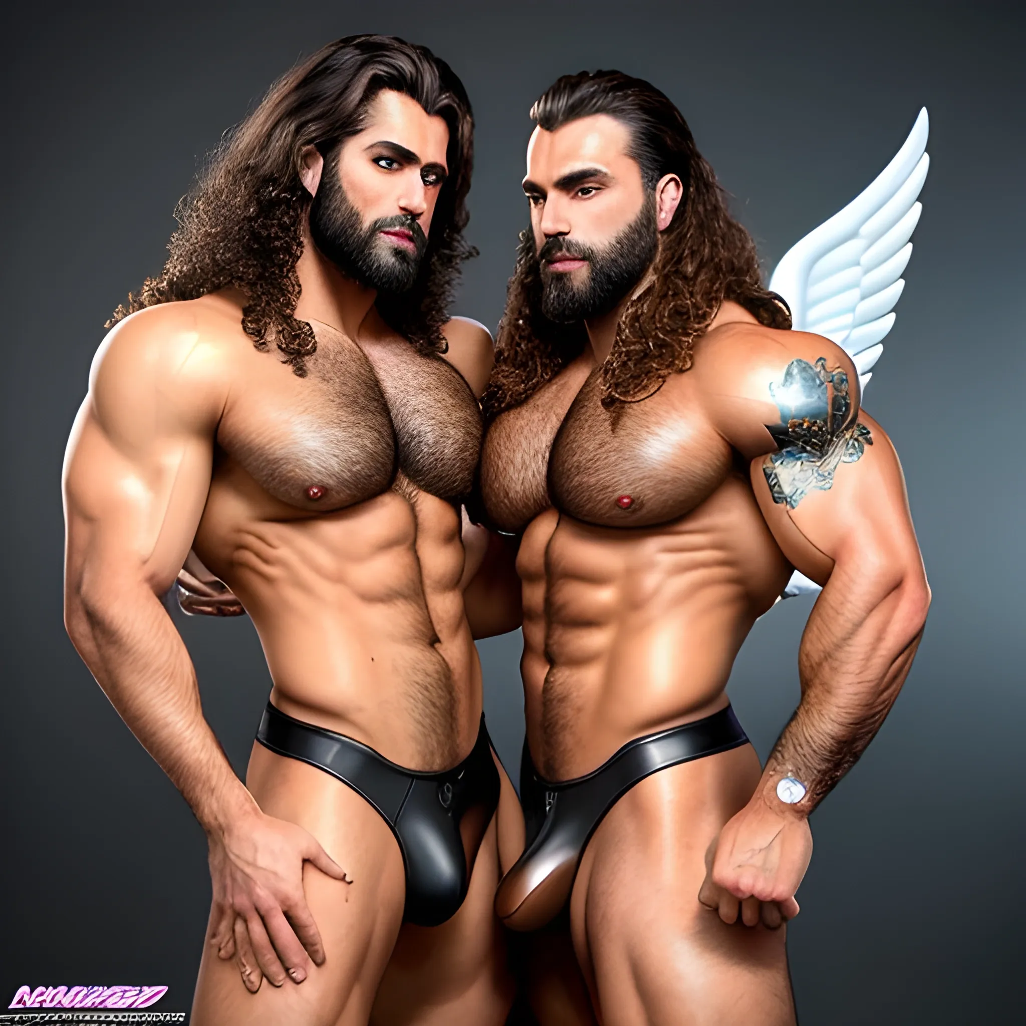 2 muscularDude's,kissing,
 with expansive Wings and different hairstyle,handsome,beauty's,muscle, no blurry,dark eyes,hyperealistic ,german, tanned skin,long curly hair,colorful hair,colorfull small leather tanga with gold details,same facial halves, bulge ,happy,whole body with legs,big bulge,dark piercing eyes,huge bulge,hairy,fine details, young,two identical symmetrical eyes,same colofull eyes, stubble ,blond,very long hair cascading over a hairy Chest,reminiscent of an Angel, Trippy, Trippy, Trippy, Trippy