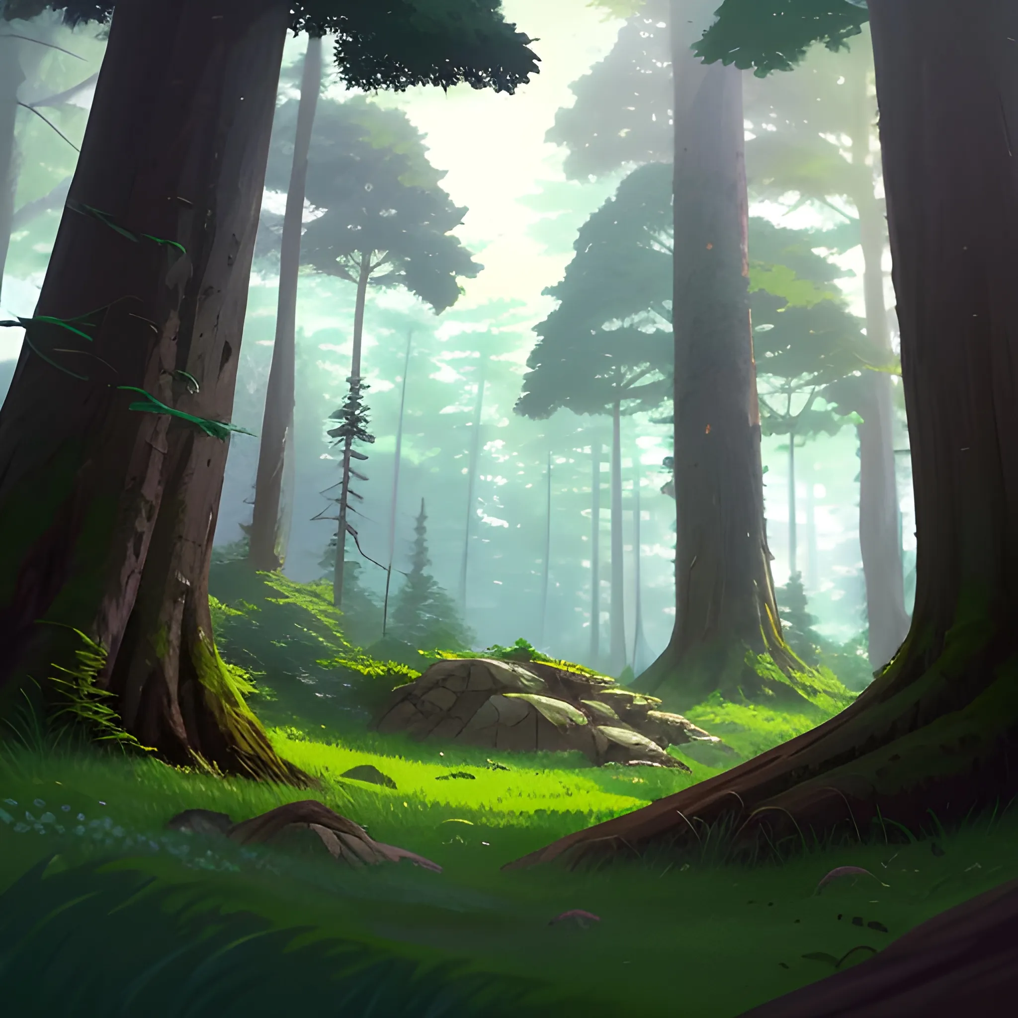 low angle, the dense forest with many fooliage, grass and trees, rocks... in the style of makoto shinkai and greg rutkowski and albert bierstadt and james gurney