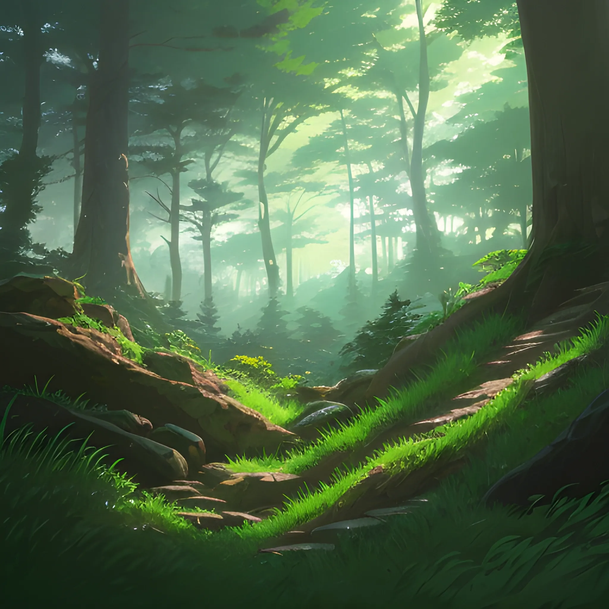 low angle, the dense forest with many fooliage, grass and trees, rocks... in the style of makoto shinkai and greg rutkowski and albert bierstadt and james gurney