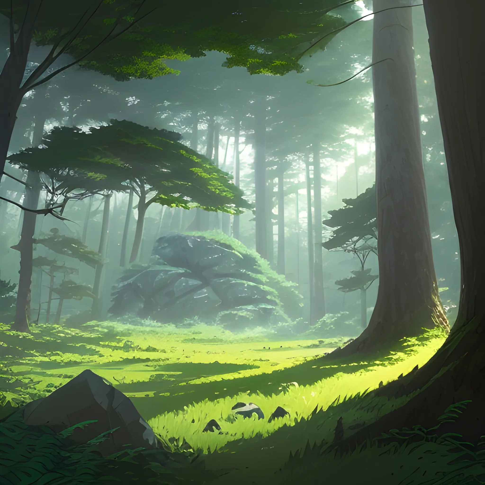 low angle, the dense forest with many fooliage, grass and trees, rocks... in the style of makoto shinkai and greg rutkowski and albert bierstadt and james gurney