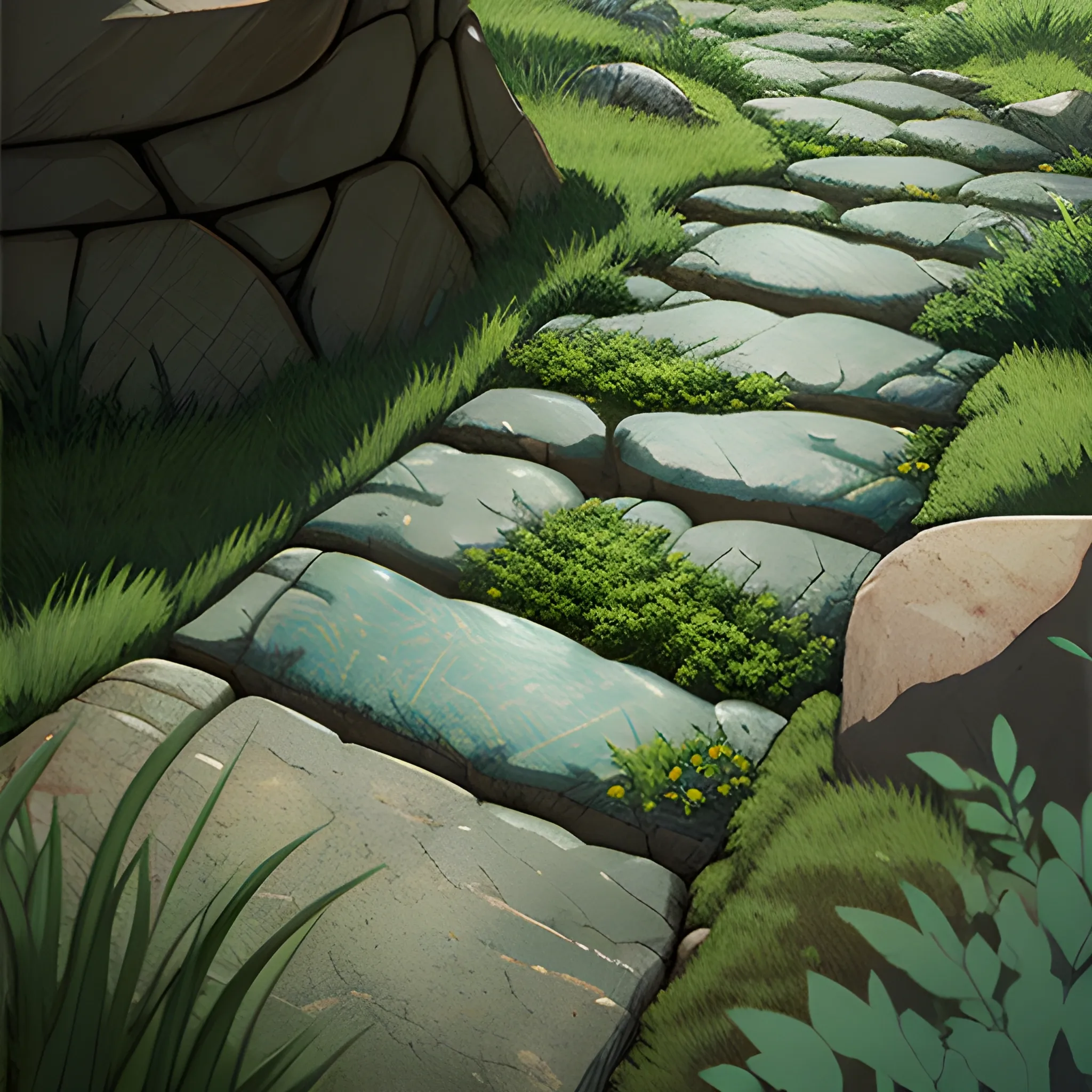 close-up of cracked ground, small stones and some herbs... in the style of makoto shinkai and greg rutkowski and albert bierstadt and james gurney