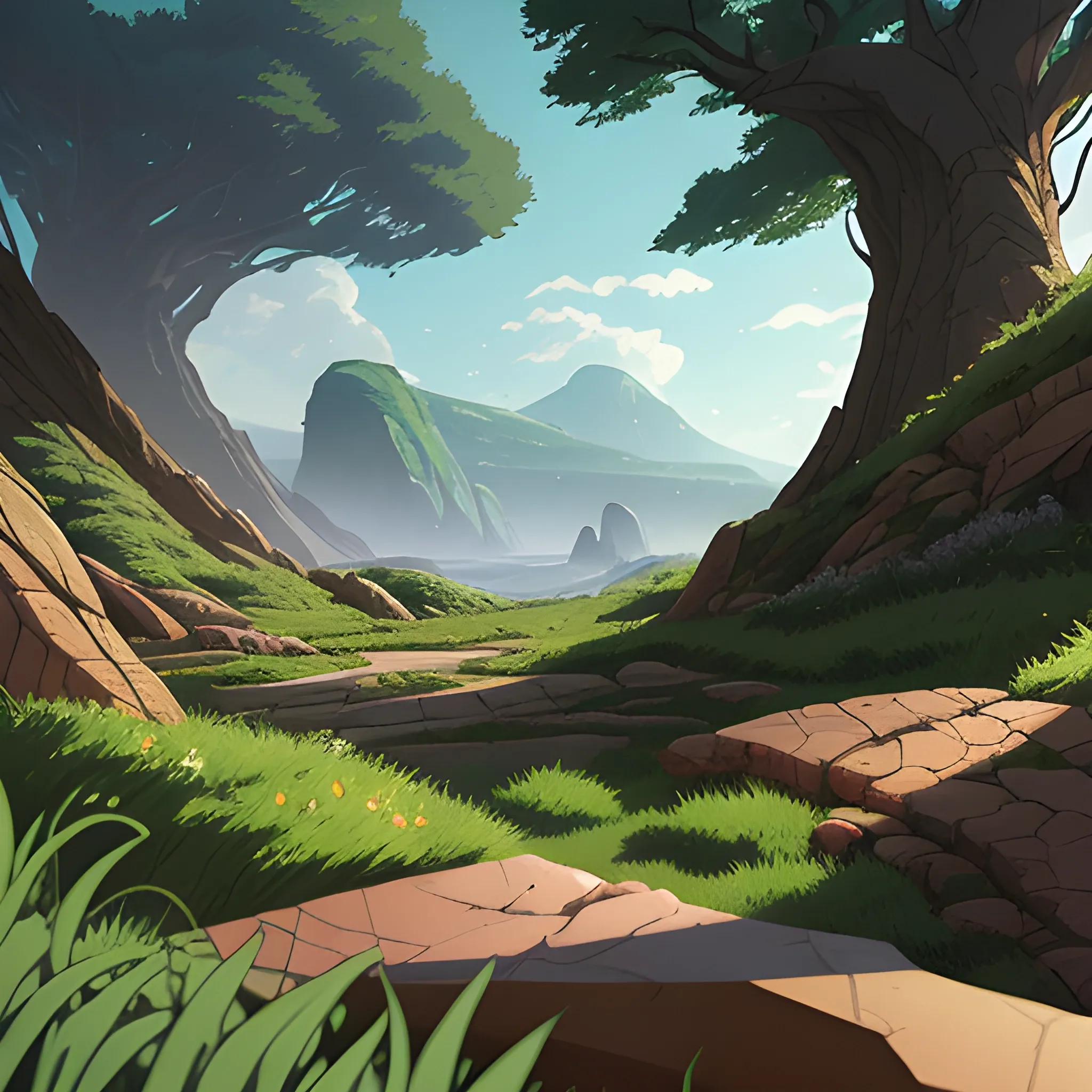 close-up of cracked ground, small stones and some herbs... in the style of makoto shinkai and greg rutkowski and albert bierstadt and james gurney